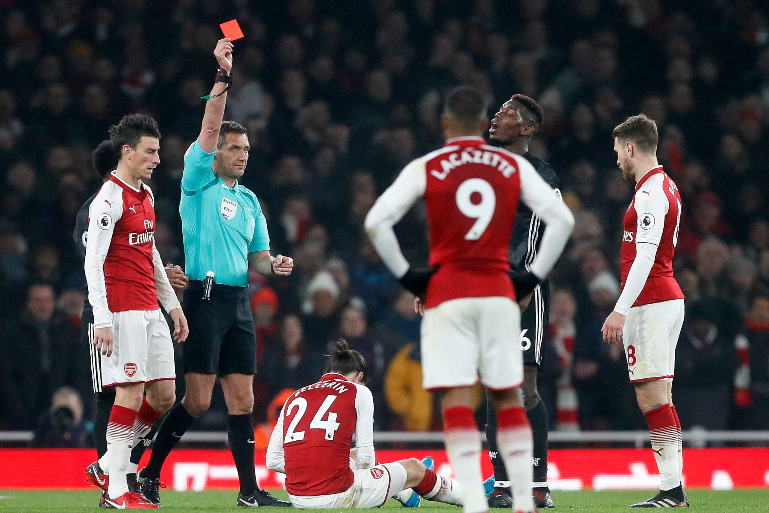 Pogba is sent off against Arsenal.