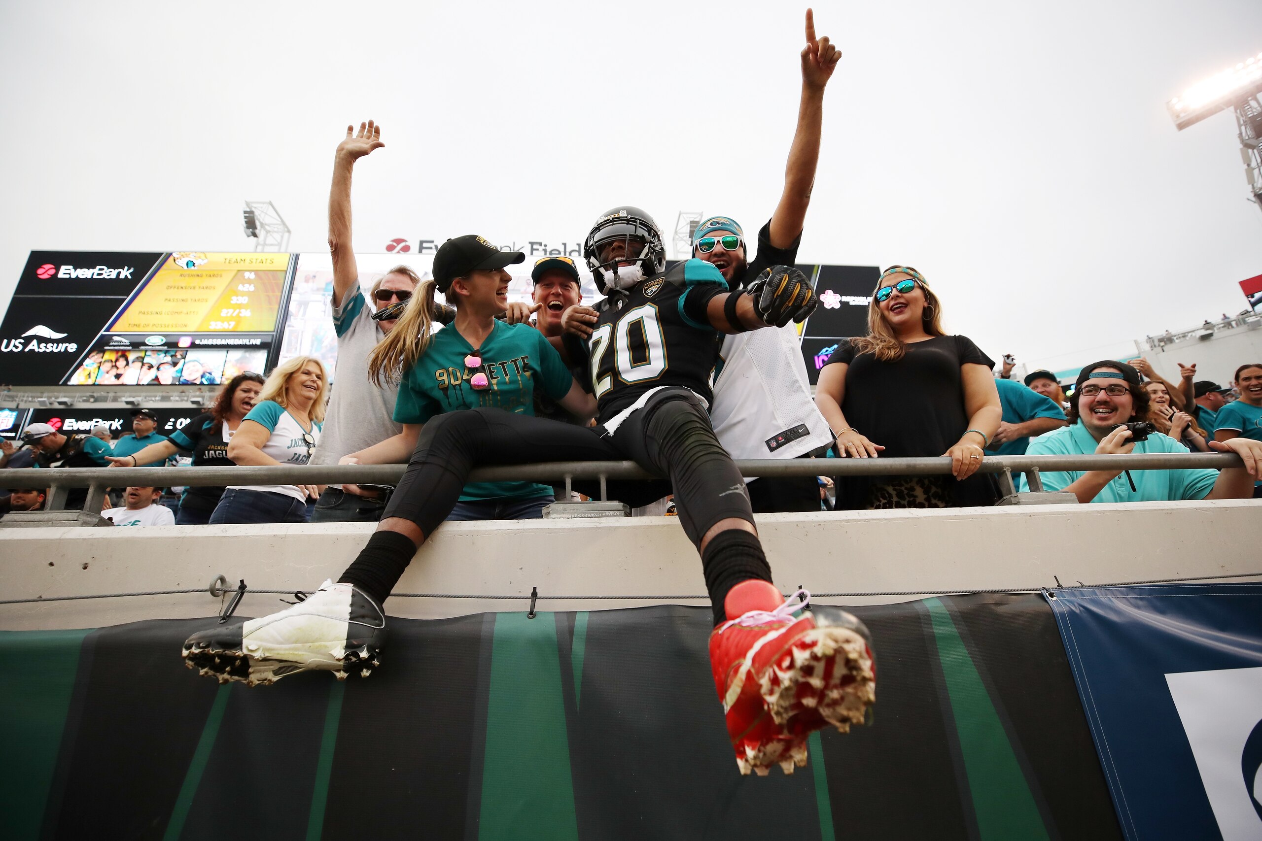 JACKSONVILLE, FL - DECEMBER 03:  Jalen Ramsey #20 of the Jacksonville Jaguars celebrates with fans after the Jaguars defeated the Indianapolis Colts 30-10 at EverBank Field on December 3, 2017 in Jacksonville, Florida.  (Photo by Logan Bowles/Getty Images