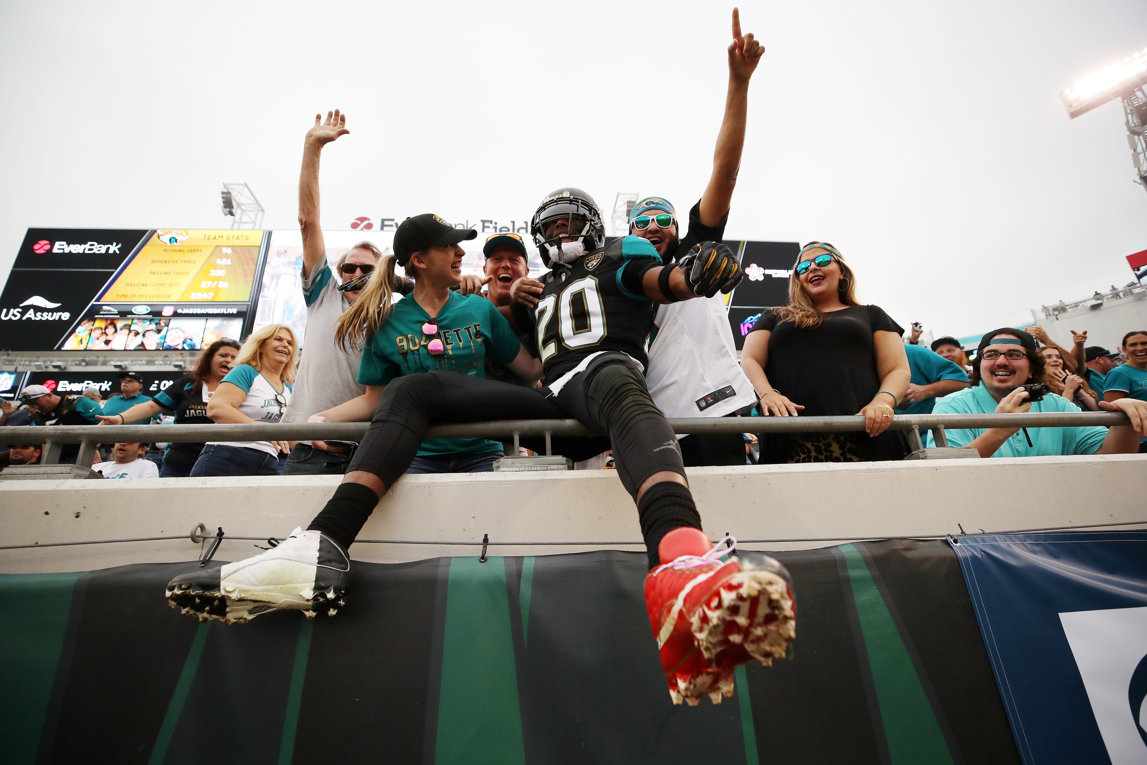 JACKSONVILLE, FL - DECEMBER 03:  Jalen Ramsey #20 of the Jacksonville Jaguars celebrates with fans after the Jaguars defeated the Indianapolis Colts 30-10 at EverBank Field on December 3, 2017 in Jacksonville, Florida.  (Photo by Logan Bowles/Getty Images