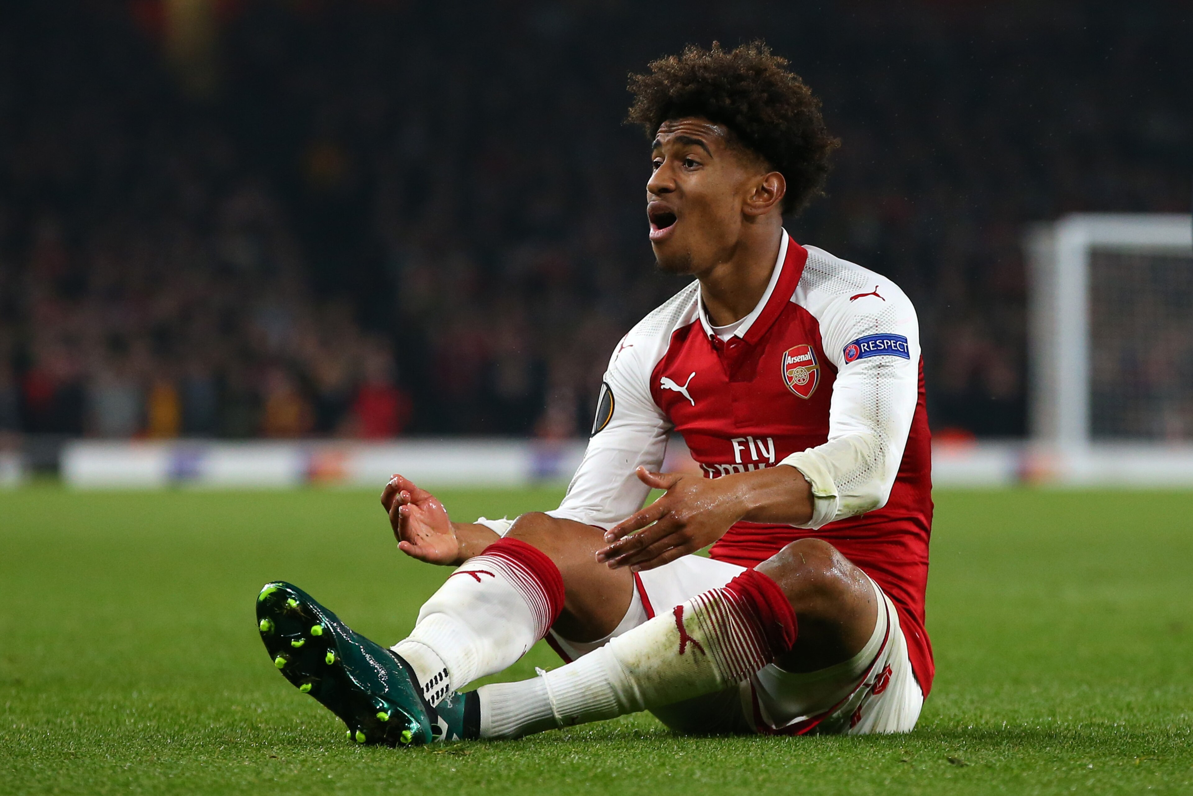 LONDON, ENGLAND - NOVEMBER 02: Reiss Nelson of Arsenal appeals  during the UEFA Europa League group H match between Arsenal FC and Crvena Zvezda at Emirates Stadium on November 2, 2017 in London, United Kingdom. (Photo by Catherine Ivill - AMA/Getty Image