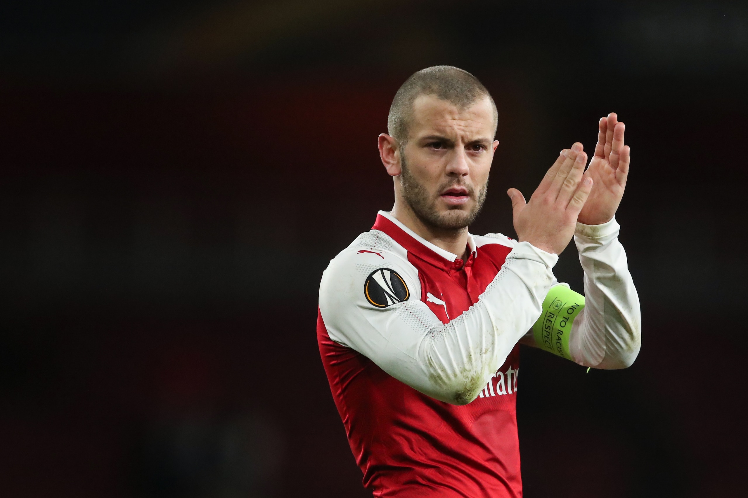 LONDON, ENGLAND - DECEMBER 07: Jack Wilshere of Arsenal applauds the fans during the UEFA Europa League group H match between Arsenal FC and BATE Borisov at Emirates Stadium on December 7, 2017 in London, United Kingdom. (Photo by Robbie Jay Barratt - AMA