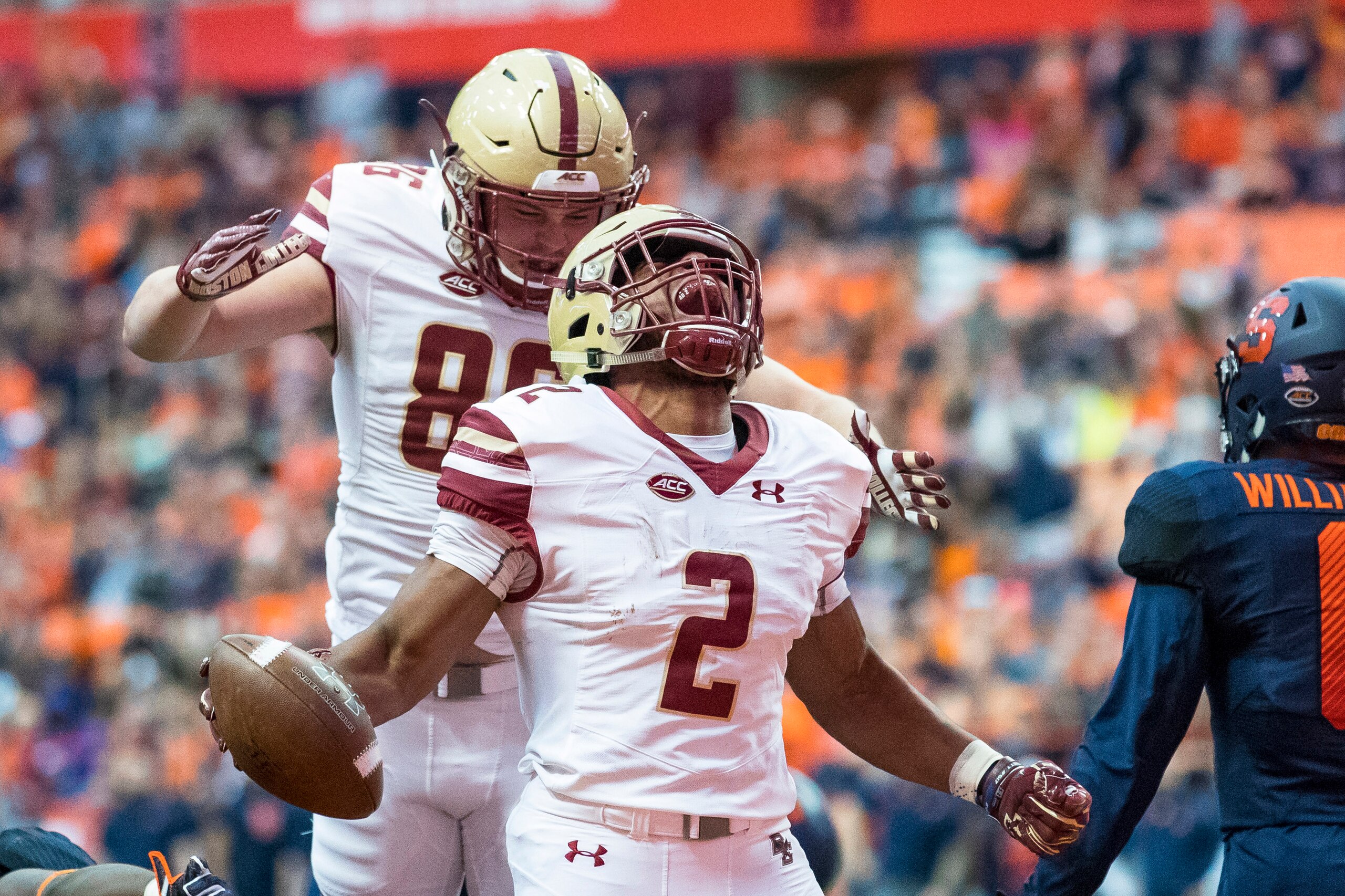 SYRACUSE, NY - NOVEMBER 25:  AJ Dillon #2 of the Boston College Eagles celebrates a touchdown during the first quarter that makes the score 14-7 Boston College leading Syracuse Orange at the Carrier Dome on November 25, 2017 in Syracuse, New York.  (Photo