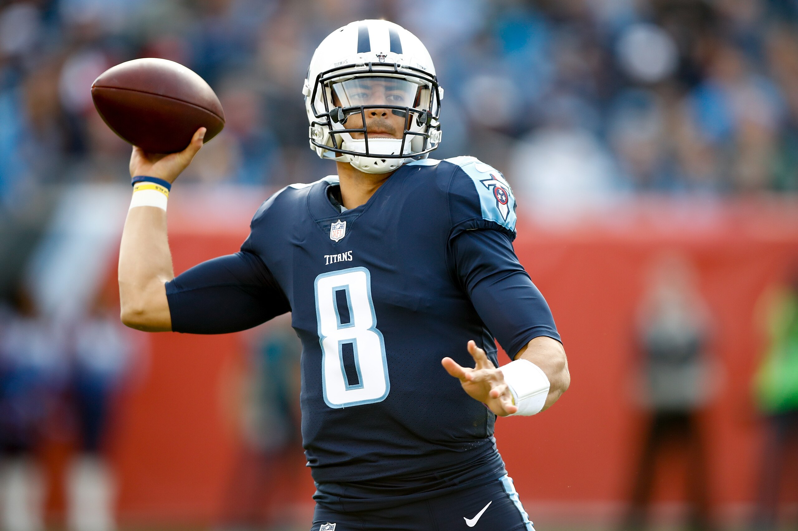 NASHVILLE, TN - DECEMBER 03:  Marcus Mariota #8 of the Tennessee Titans throws a pass against the Houston Texans during the second half at Nissan Stadium on December 3, 2017 in Nashville, Tennessee.  (Photo by Wesley Hitt/Getty Images)