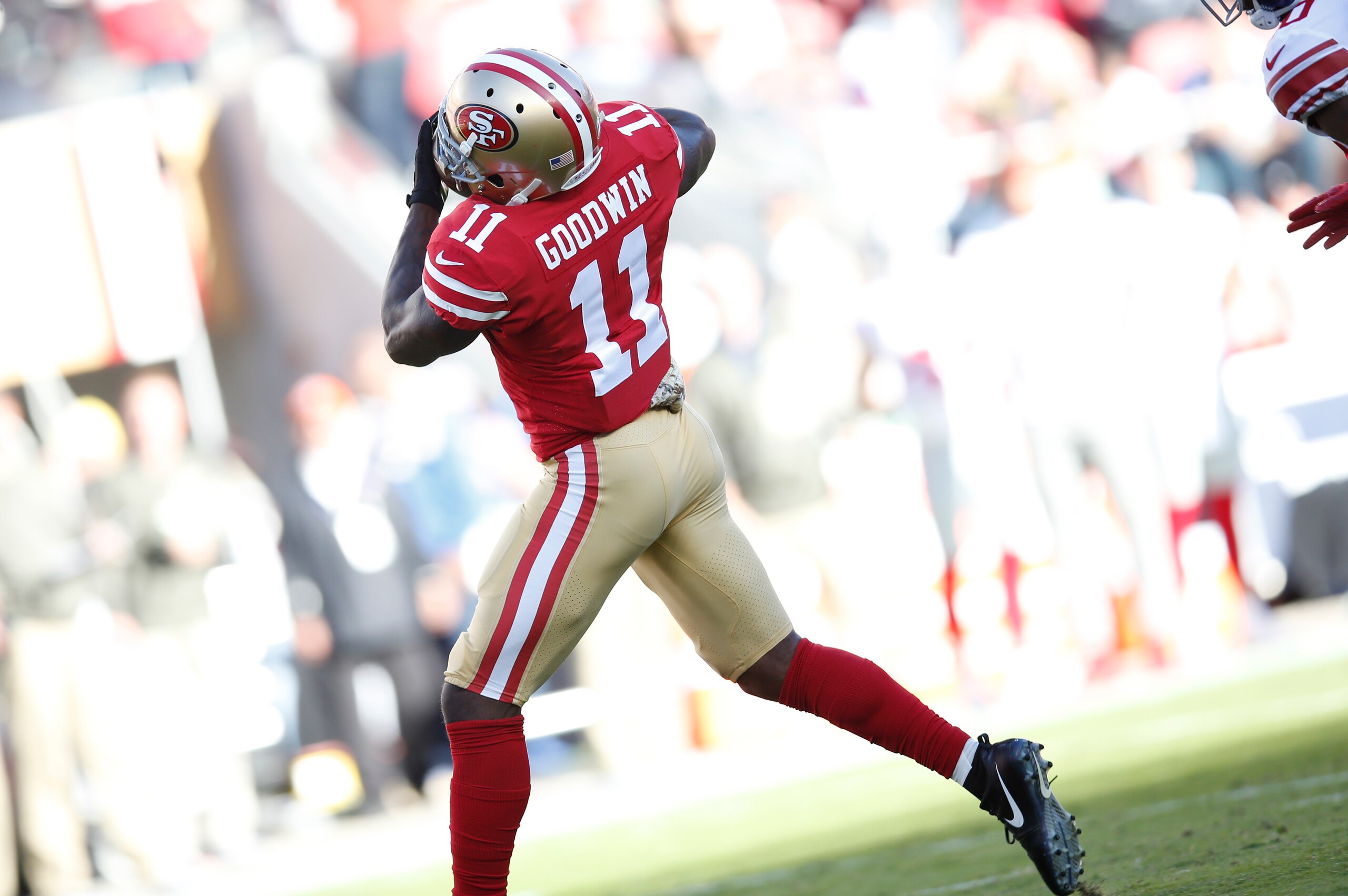 SANTA CLARA, CA - NOVEMBER 12: Marquise Goodwin #11 of the San Francisco 49ers makes a reception and takes it 83-yards for a touchdown during the game against the New York Giants at Levi's Stadium on November 12, 2017 in Santa Clara, California. The 49ers