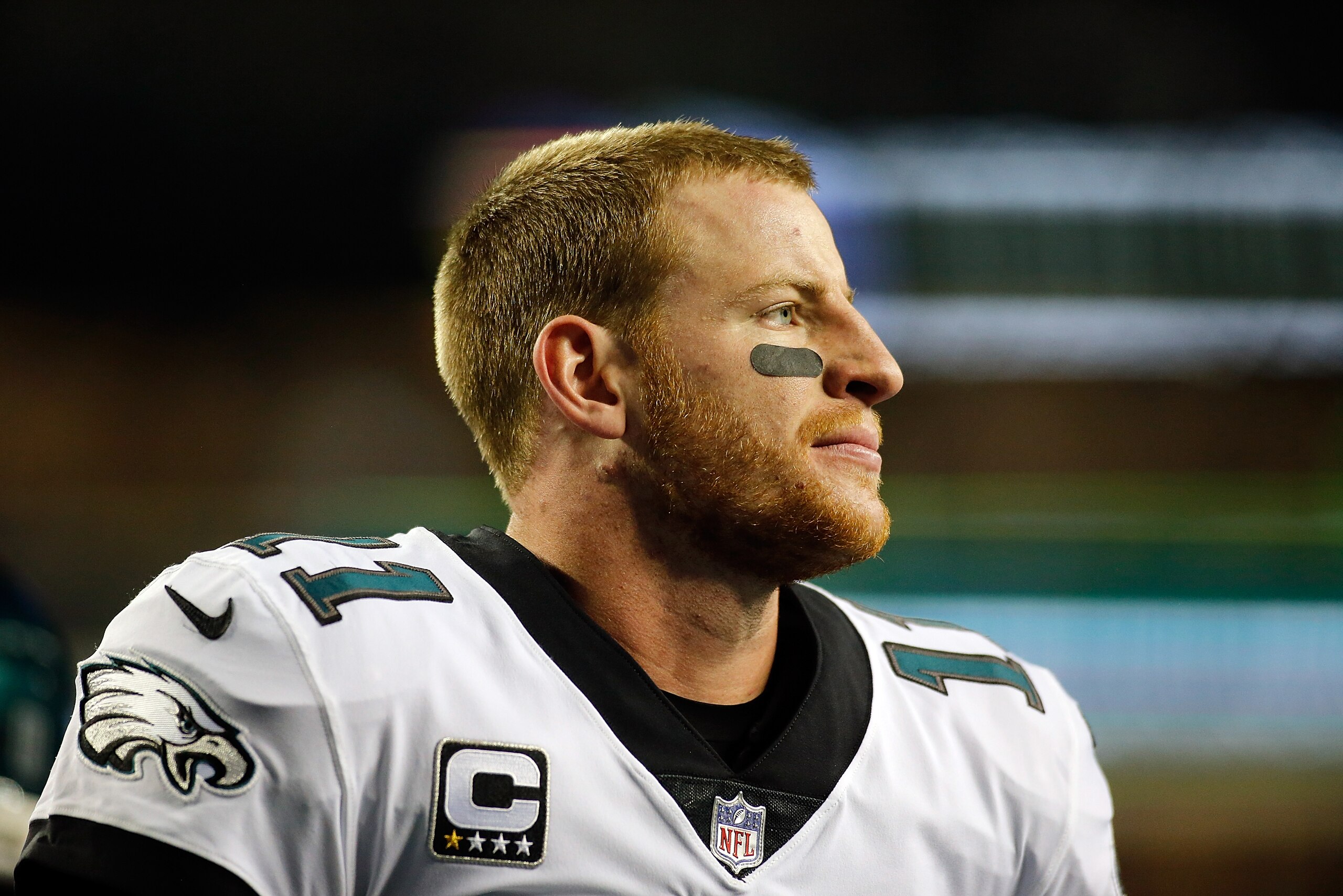 SEATTLE, WA - DECEMBER 03:  Quarterback Carson Wentz #11 of the Philadelphia Eagles looks on against the Seattle Seahawks at CenturyLink Field on December 3, 2017 in Seattle, Washington.  (Photo by Jonathan Ferrey/Getty Images)