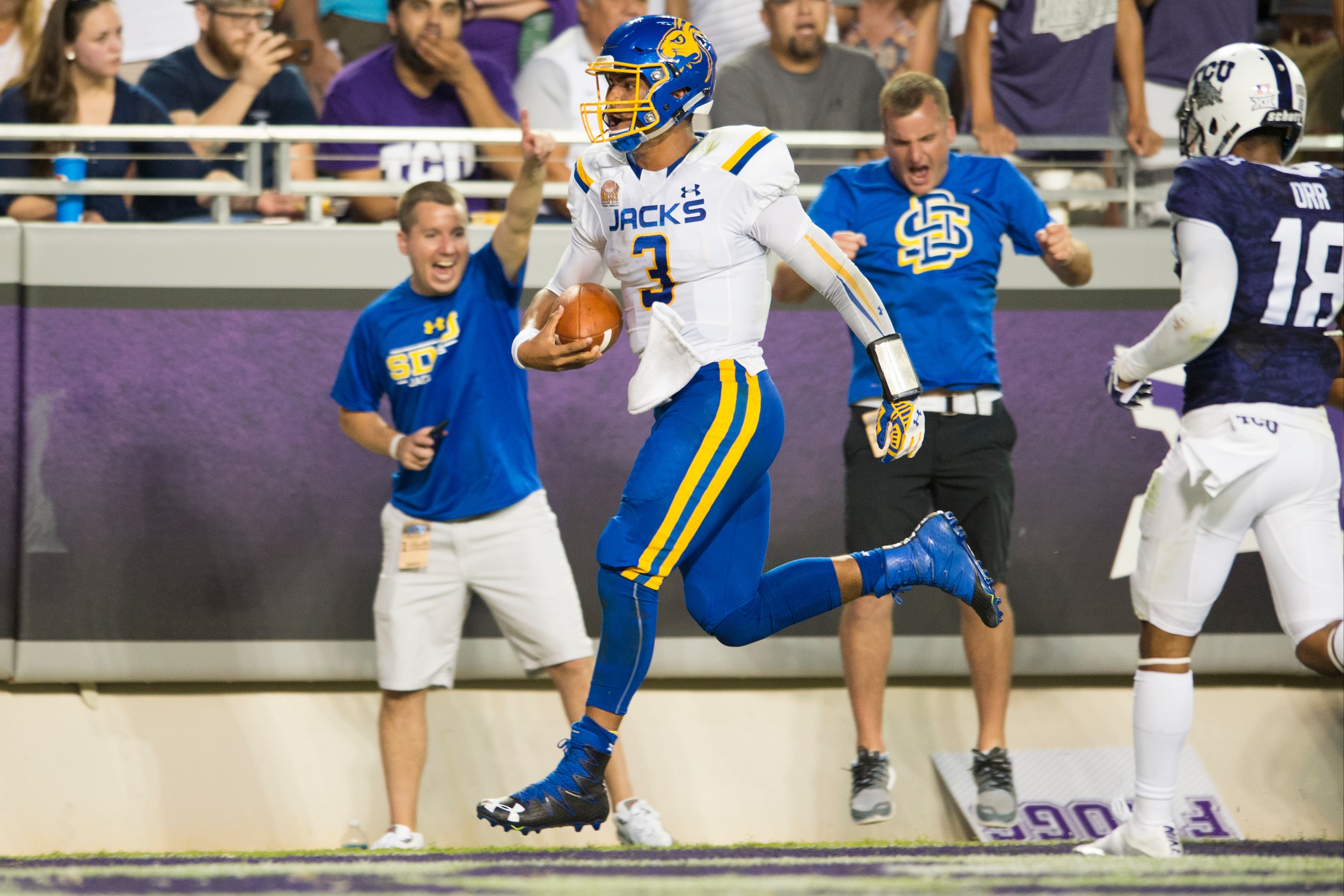 FORT WORTH, TX - SEPTEMBER 3:  Taryn Christion #3 of the South Dakota State Jackrabbits rushes for a touchdown against the TCU Horned Frogs on September 3, 2016 at Amon G. Carter Stadium in Fort Worth, Texas.  (Photo by Cooper Neill/Getty Images)