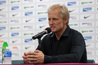 HONG KONG, HONG KONG - JUNE 13: Coach Jorn Andersen of Korea DPR talks during the press conference after the 2019 Asian Cup Qualifier match between Hong Kong and Korea DPR on June 13, 2017 in Hong Kong, Hong Kong. (Photo by Power Sport Images/Getty Images