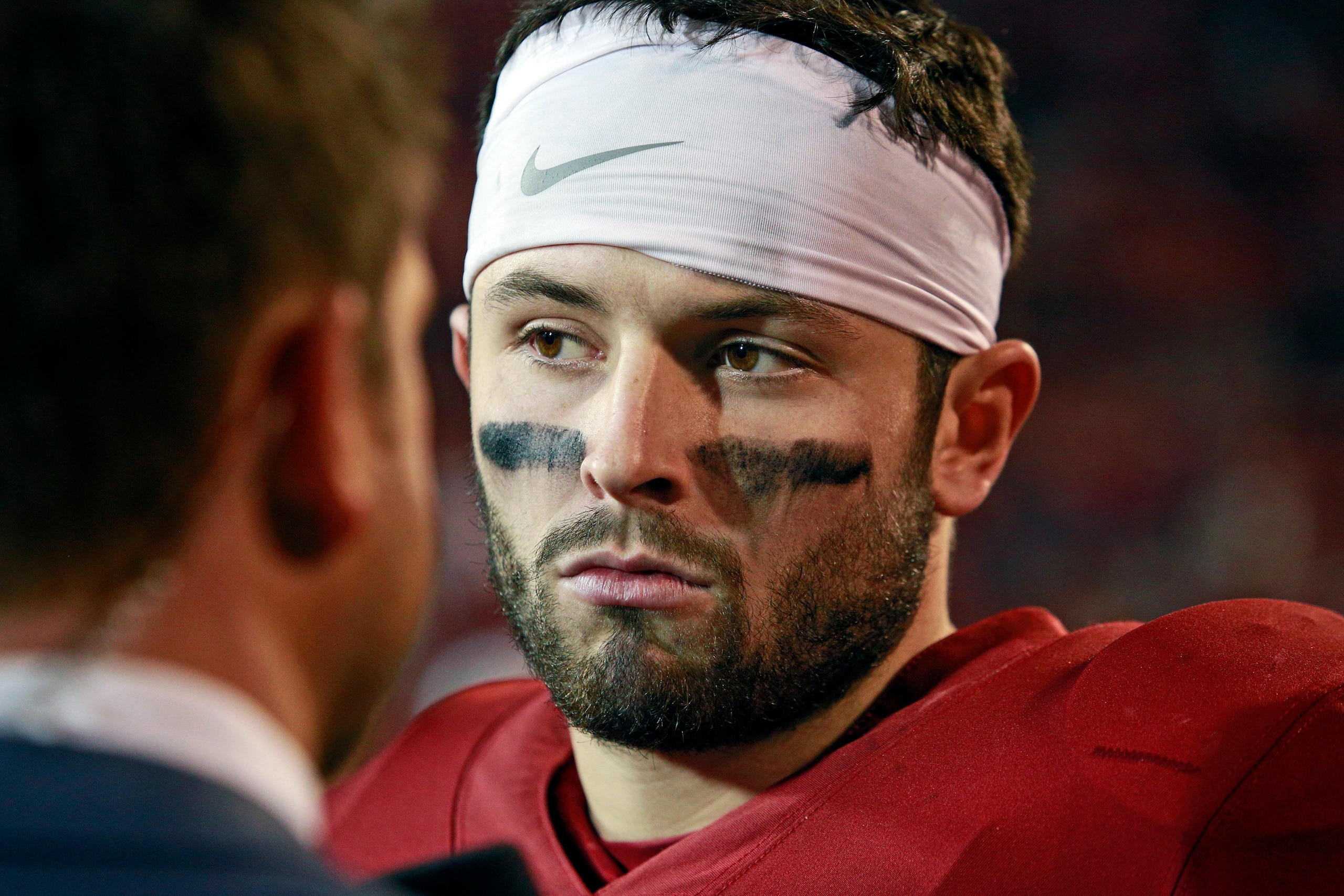 NORMAN, OK - NOVEMBER 25: Quarterback Baker Mayfield #6 of the Oklahoma Sooners speaks to the media after the game against the West Virginia Mountaineers at Gaylord Family Oklahoma Memorial Stadium on November 25, 2017 in Norman, Oklahoma. Oklahoma defeat