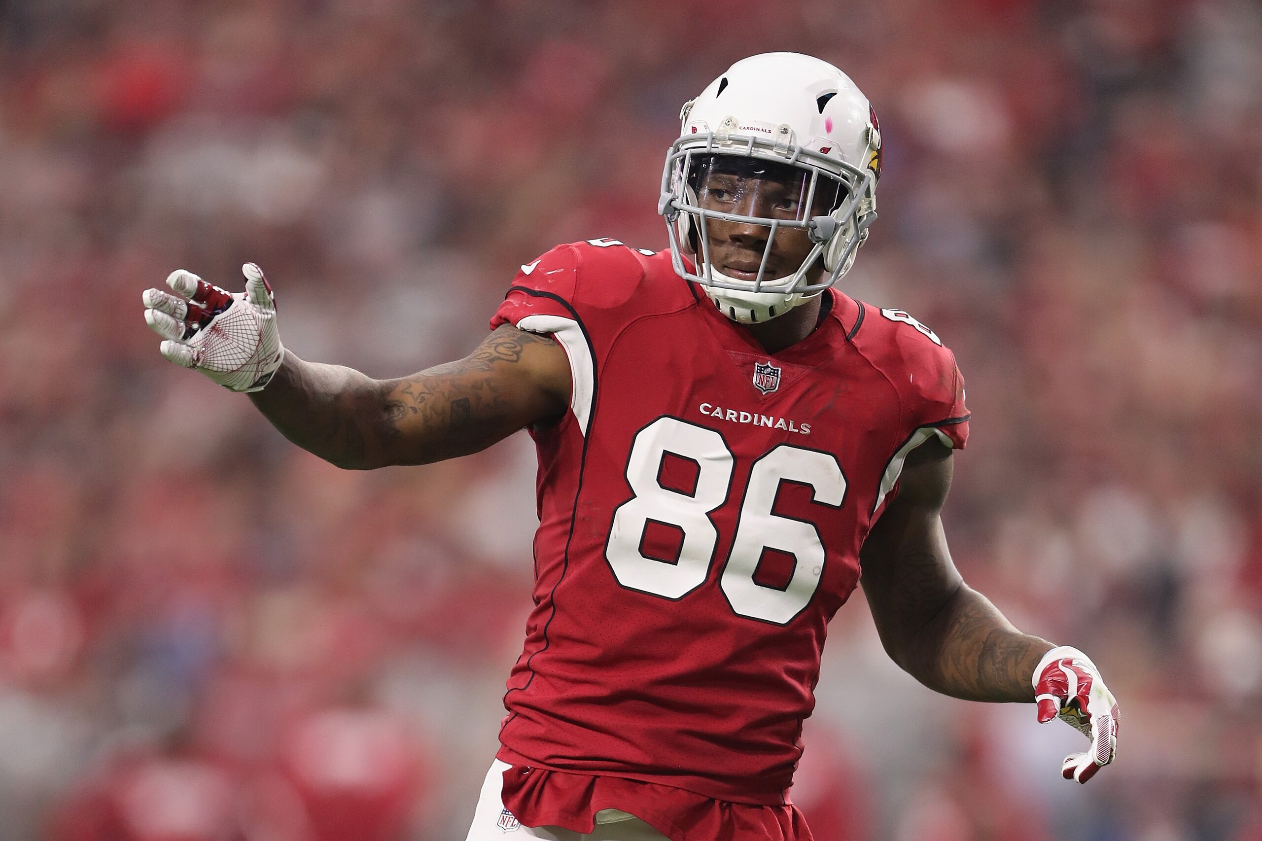 GLENDALE, AZ - DECEMBER 03:  Tight end Ricky Seals-Jones #86 of the Arizona Cardinals lines up during the NFL game against the Los Angeles Rams at the University of Phoenix Stadium on December 3, 2017 in Glendale, Arizona. The Rams defeated the Cardinals 