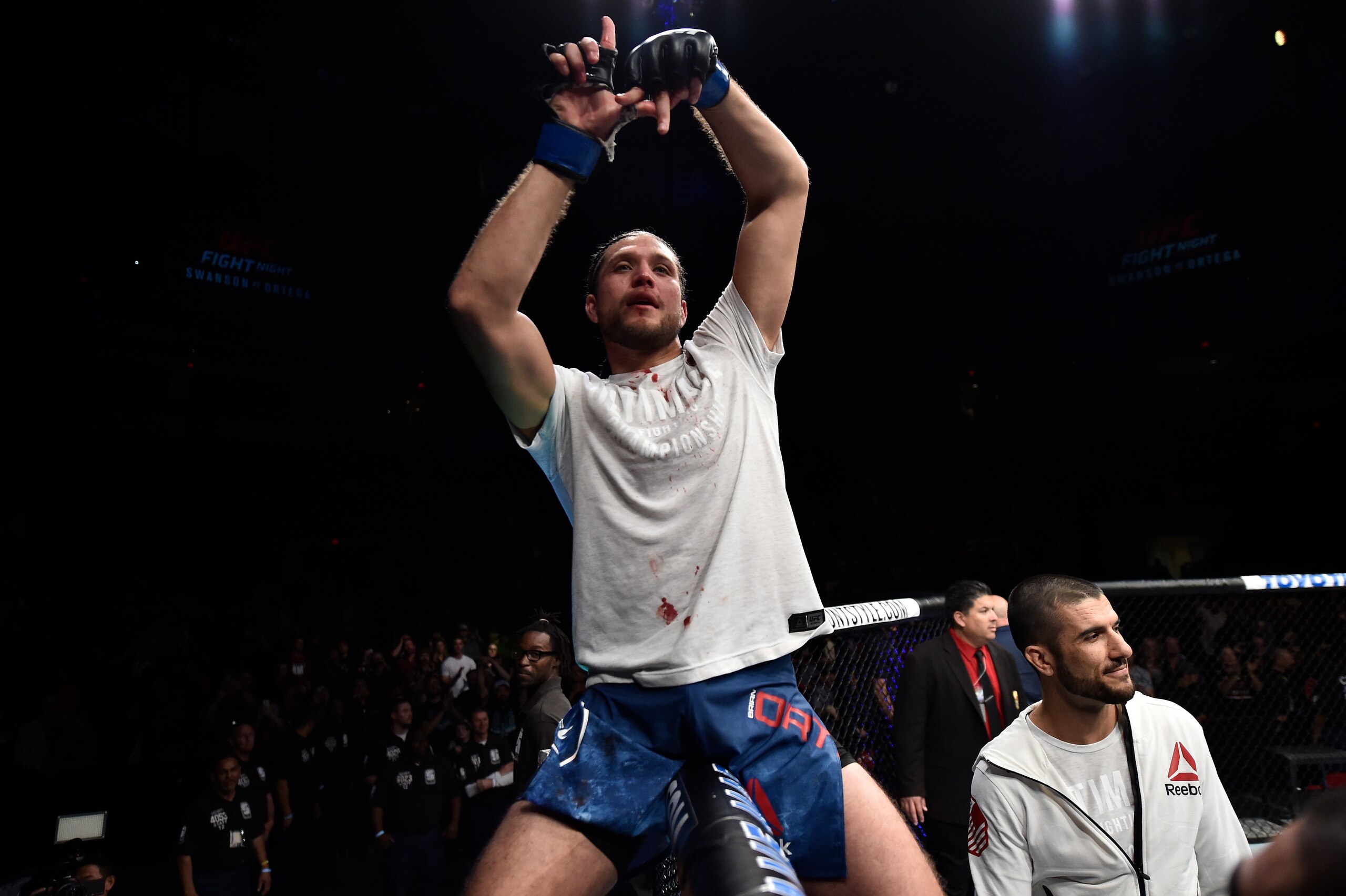 FRESNO, CA - DECEMBER 09: Brian Ortega celebrates his submission victory over Cub Swanson in their featherweight bout during the UFC Fight Night event inside Save Mart Center on December 9, 2017 in Fresno, California. (Photo by Jeff Bottari/Zuffa LLC/Zuf FRESNO, CA - DECEMBER 09: Brian Ortega celebrates his submission victory over Cub Swanson in their featherweight bout during the UFC Fight Night event inside Save Mart Center on December 9, 2017 in Fresno, California. (Photo by Jeff Bottari/Zuffa LLC/Zuf