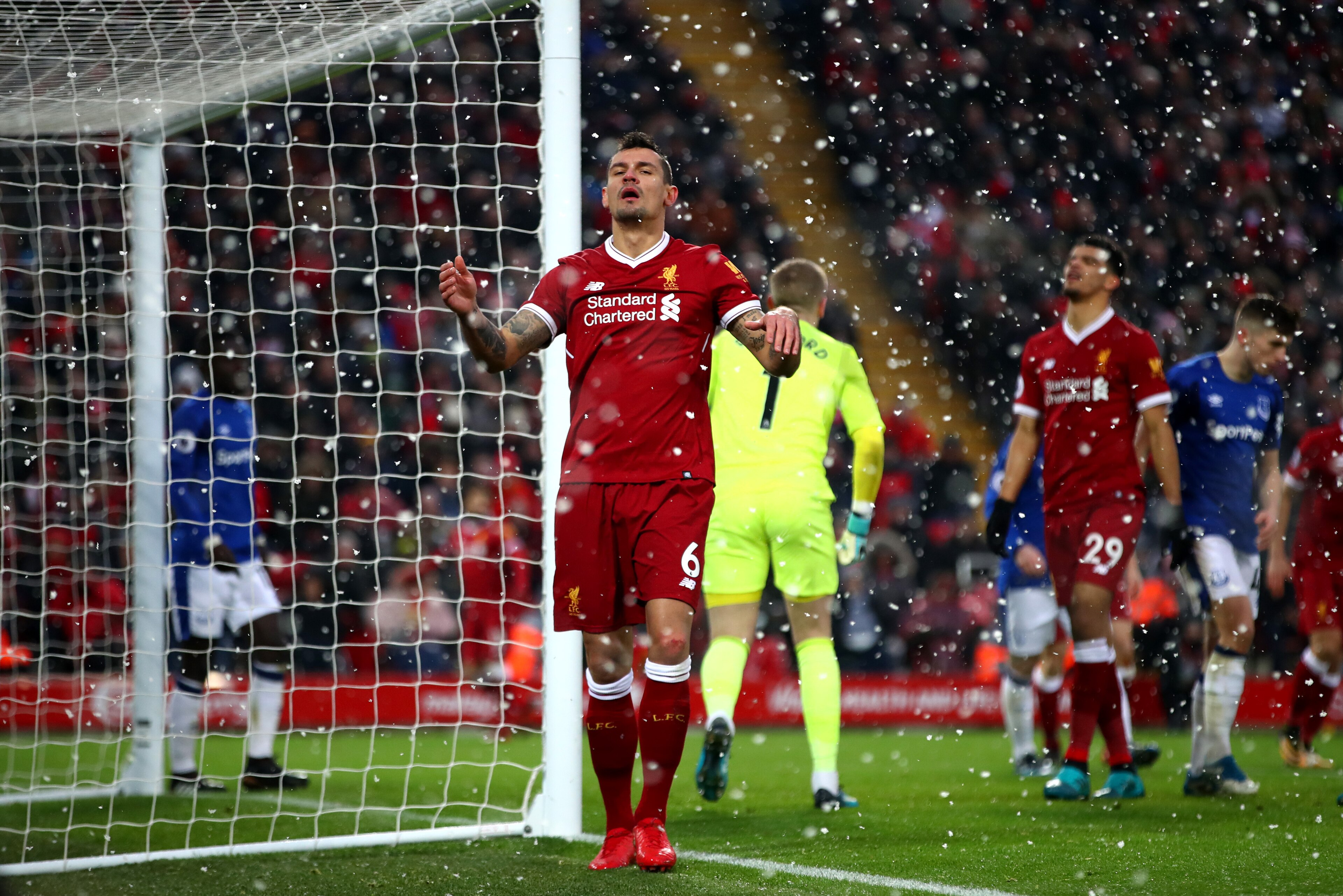 LIVERPOOL, ENGLAND - DECEMBER 10: Dejan Lovren of Liverpool reacts during the Premier League match between Liverpool and Everton at Anfield on December 10, 2017 in Liverpool, England. (Photo by Clive Brunskill/Getty Images) LIVERPOOL, ENGLAND - DECEMBER 10: Dejan Lovren of Liverpool reacts during the Premier League match between Liverpool and Everton at Anfield on December 10, 2017 in Liverpool, England. (Photo by Clive Brunskill/Getty Images)