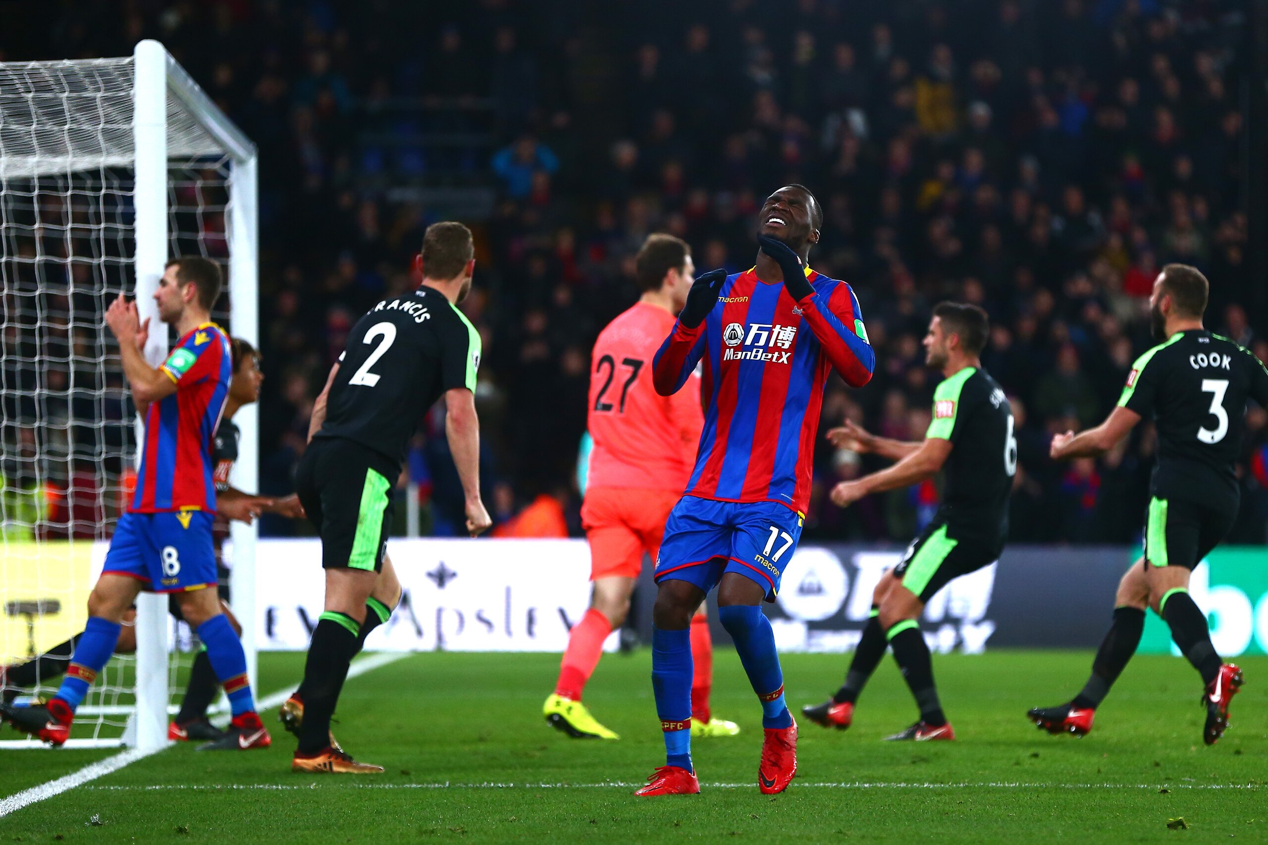 LONDON, ENGLAND - DECEMBER 09: Christian Benteke of Crystal Palace reacts after missing a penatly during the Premier League match between Crystal Palace and AFC Bournemouth at Selhurst Park on December 9, 2017 in London, England.  (Photo by Jordan Mansfie