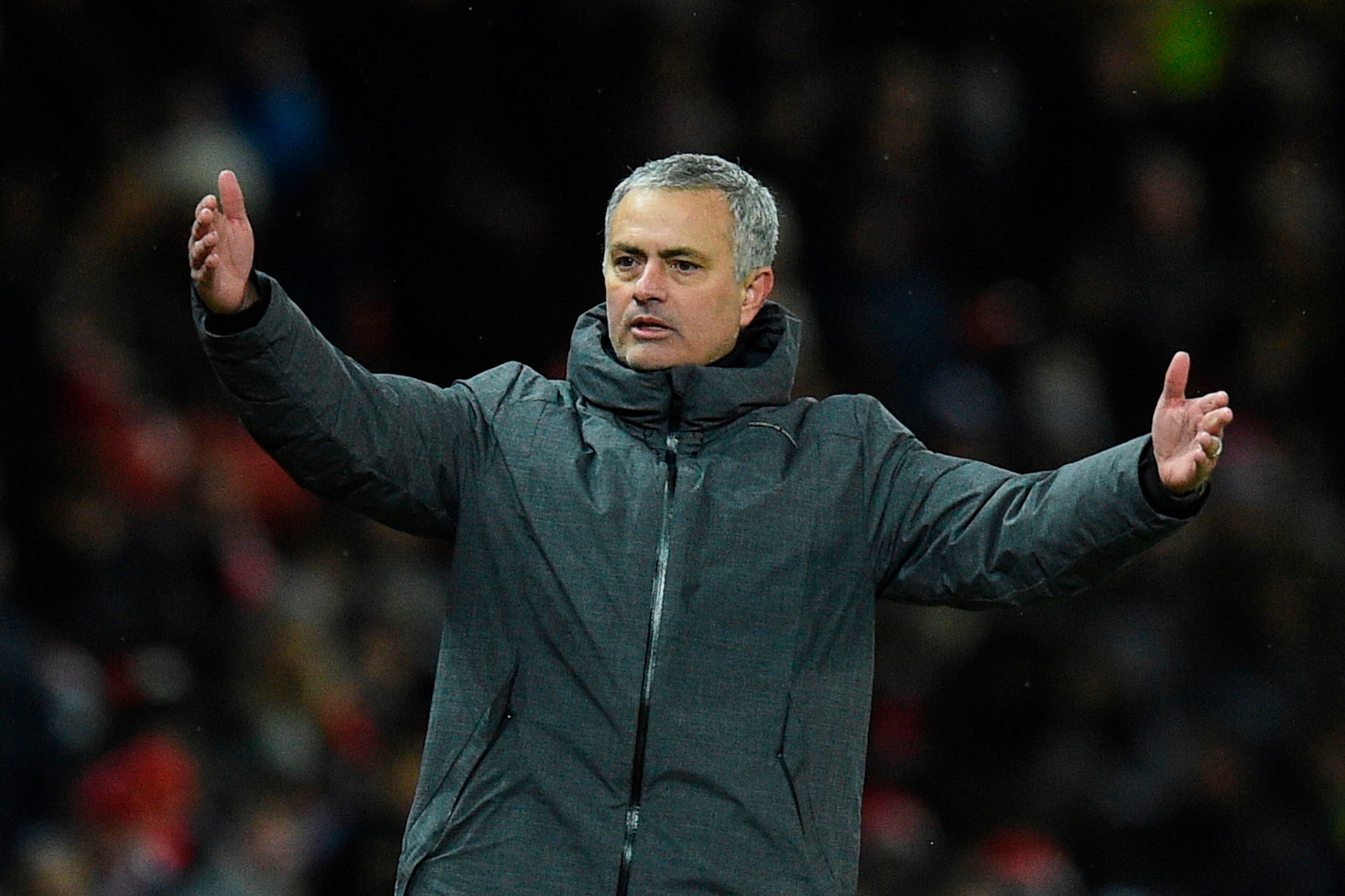 Manchester United's Portuguese manager Jose Mourinho gestures on the thouchline during the English Premier League football match between Manchester United and Manchester City at Old Trafford in Manchester, north west England, on December 10, 2017. / AFP P