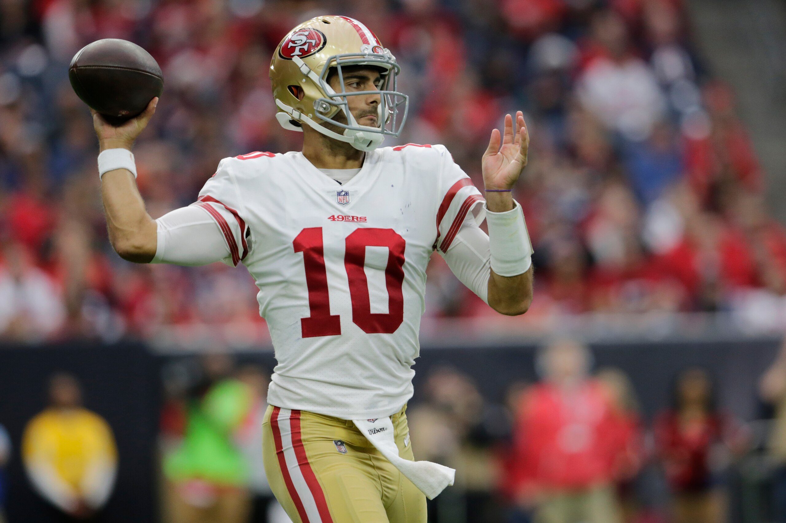 HOUSTON, TX - DECEMBER 10: Jimmy Garoppolo #10 of the San Francisco 49ers throws a pass in the third quarter against the Houston Texans at NRG Stadium on December 10, 2017 in Houston, Texas. (Photo by Tim Warner/Getty Images) HOUSTON, TX - DECEMBER 10: Jimmy Garoppolo #10 of the San Francisco 49ers throws a pass in the third quarter against the Houston Texans at NRG Stadium on December 10, 2017 in Houston, Texas. (Photo by Tim Warner/Getty Images)