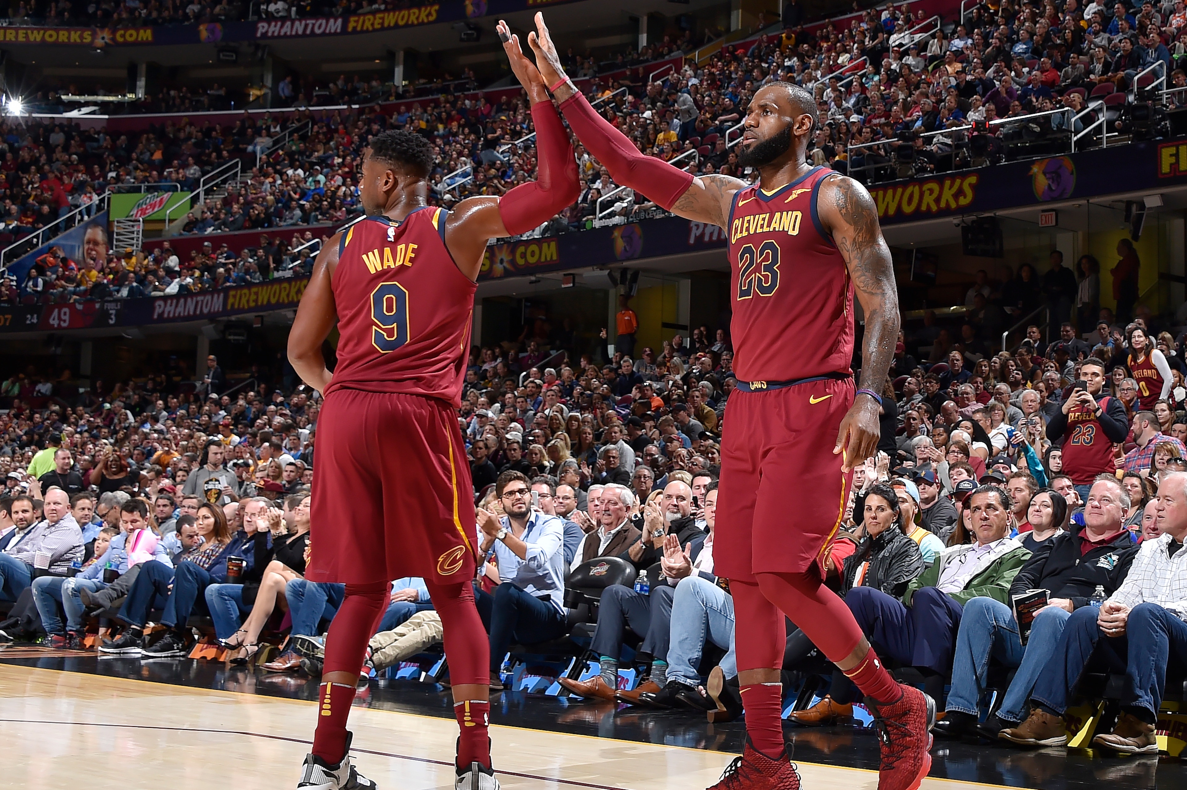 CLEVELAND, OH - OCTOBER 24:  Dwyane Wade #9 of the Cleveland Cavaliers and LeBron James #23 of the Cleveland Cavaliers high five during the game against the Chicago Bulls on October 24, 2017 at Quicken Loans Arena in Cleveland, Ohio.  NOTE TO USER: User e