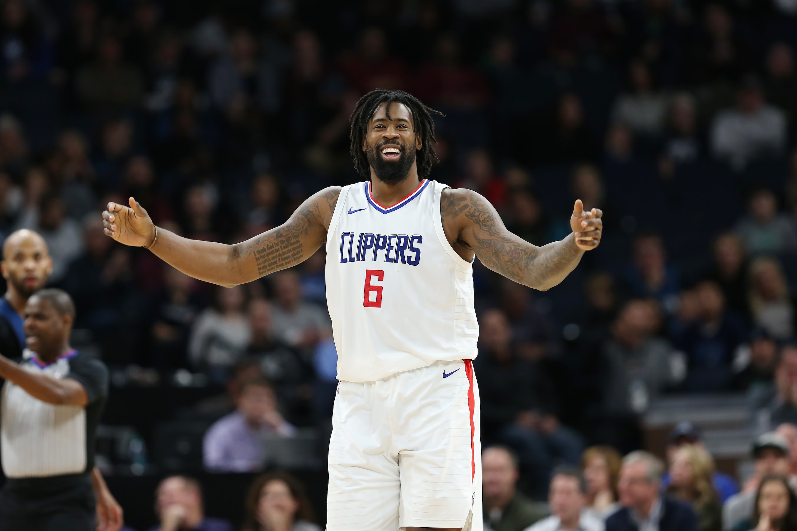 MINNEAPOLIS, MN - DECEMBER 3:  DeAndre Jordan #6 of the LA Clippers reacts on the court against the Minnesota Timberwolves on December 3, 2017 at Target Center in Minneapolis, Minnesota. NOTE TO USER: User expressly acknowledges and agrees that, by downlo