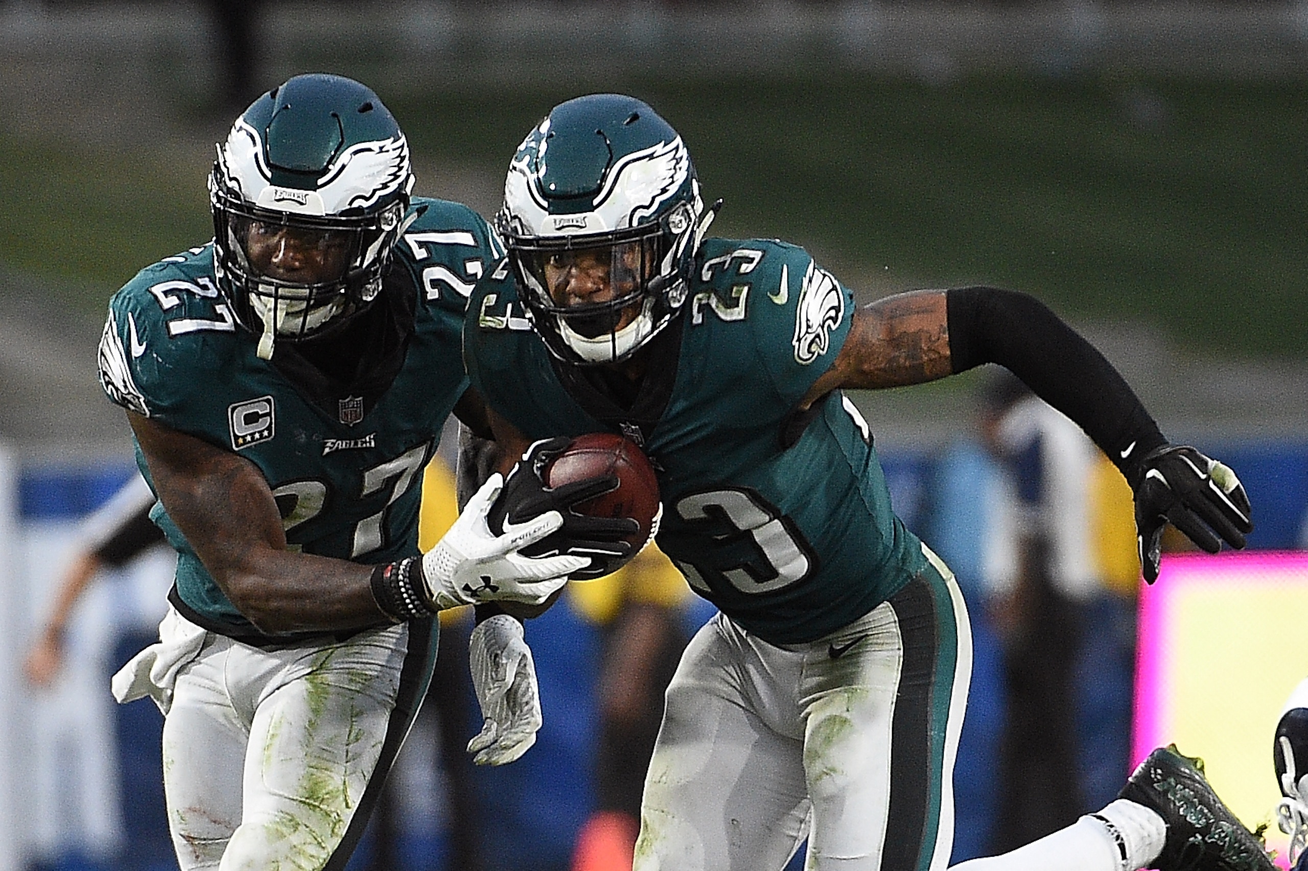 LOS ANGELES, CA - DECEMBER 10:  Rodney McLeod #23 of the Philadelphia Eagles recovers the ball after a fumble during the game against the Los Angeles Rams at the Los Angeles Memorial Coliseum on December 10, 2017 in Los Angeles, California.  (Photo by Kev