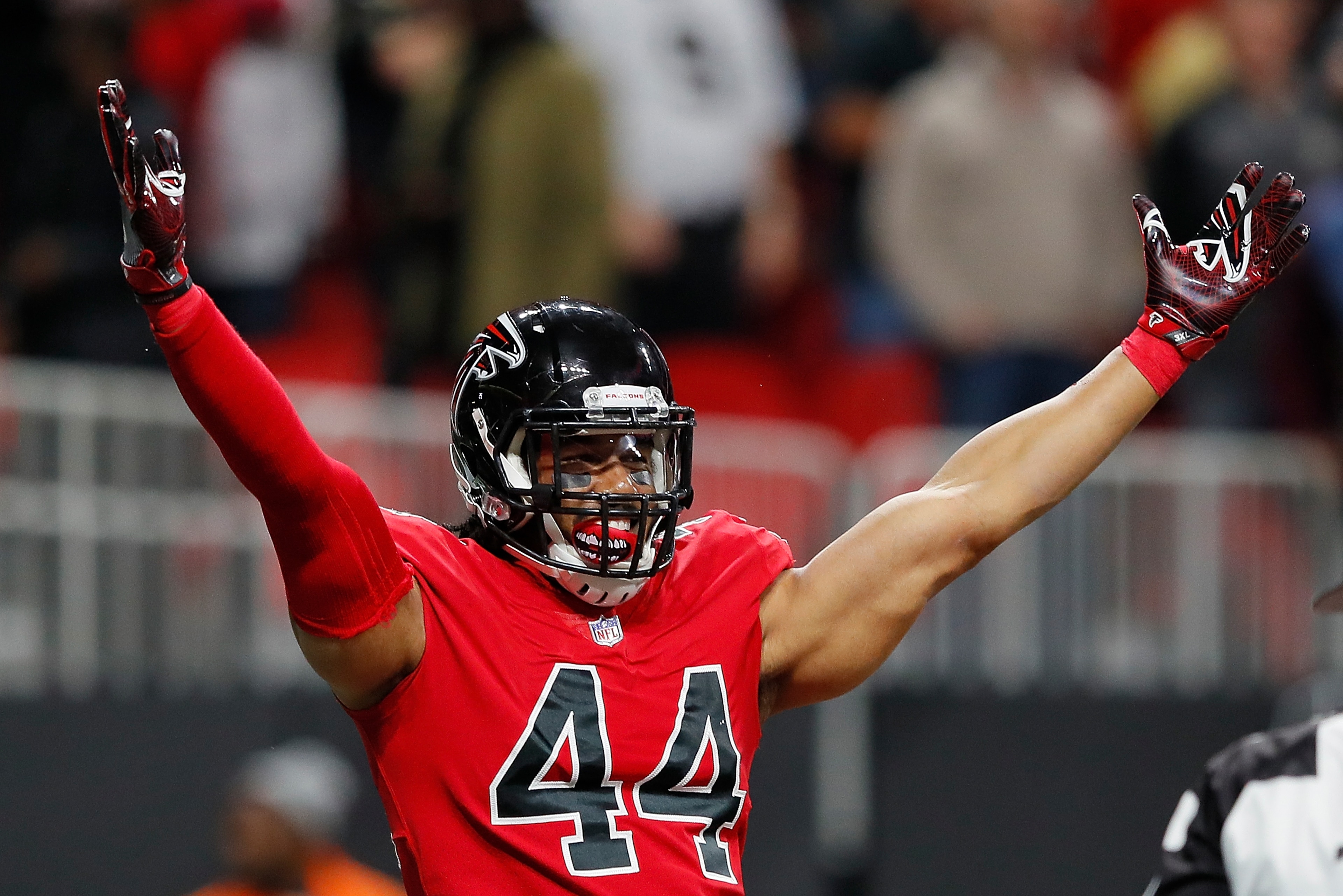 ATLANTA, GA - DECEMBER 07: Vic Beasley Jr. #44 of the Atlanta Falcons reacts after Deion Jones #45 intercepted a touchdown pass intended for Willie Snead #83 of the New Orleans Saints at Mercedes-Benz Stadium on December 7, 2017 in Atlanta, Georgia. (Ph ATLANTA, GA - DECEMBER 07: Vic Beasley Jr. #44 of the Atlanta Falcons reacts after Deion Jones #45 intercepted a touchdown pass intended for Willie Snead #83 of the New Orleans Saints at Mercedes-Benz Stadium on December 7, 2017 in Atlanta, Georgia. (Ph