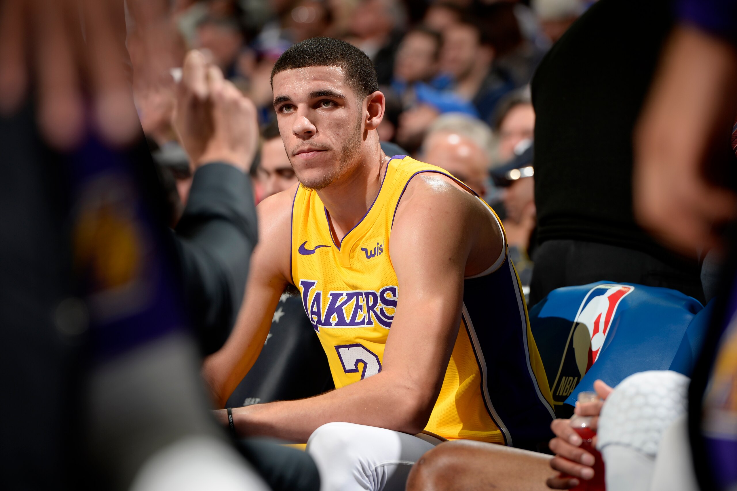 PHILADELPHIA, PA - DECEMBER 7: Lonzo Ball #2 of the Los Angeles Lakers looks on during the game against the Philadelphia 76ers on December 7, 2017 at Wells Fargo Center in Philadelphia, Pennsylvania. NOTE TO USER: User expressly acknowledges and agrees t PHILADELPHIA, PA - DECEMBER 7: Lonzo Ball #2 of the Los Angeles Lakers looks on during the game against the Philadelphia 76ers on December 7, 2017 at Wells Fargo Center in Philadelphia, Pennsylvania. NOTE TO USER: User expressly acknowledges and agrees t