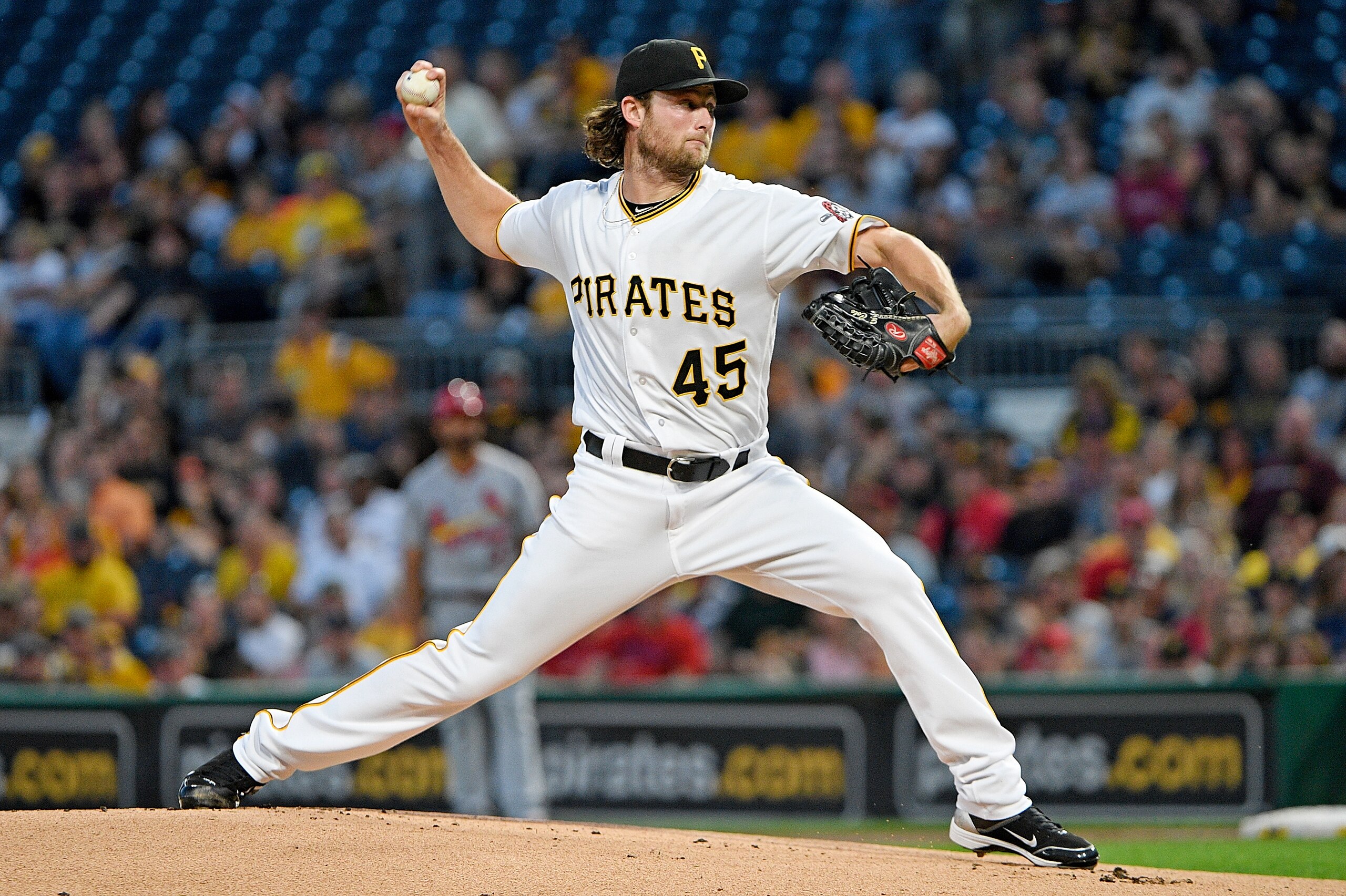 PITTSBURGH, PA - SEPTEMBER 23:  Gerrit Cole #45 of the Pittsburgh Pirates delivers a pitch in the first inning during the game against the St. Louis Cardinals at PNC Park on September 23, 2017 in Pittsburgh, Pennsylvania. (Photo by Justin Berl/Getty Image