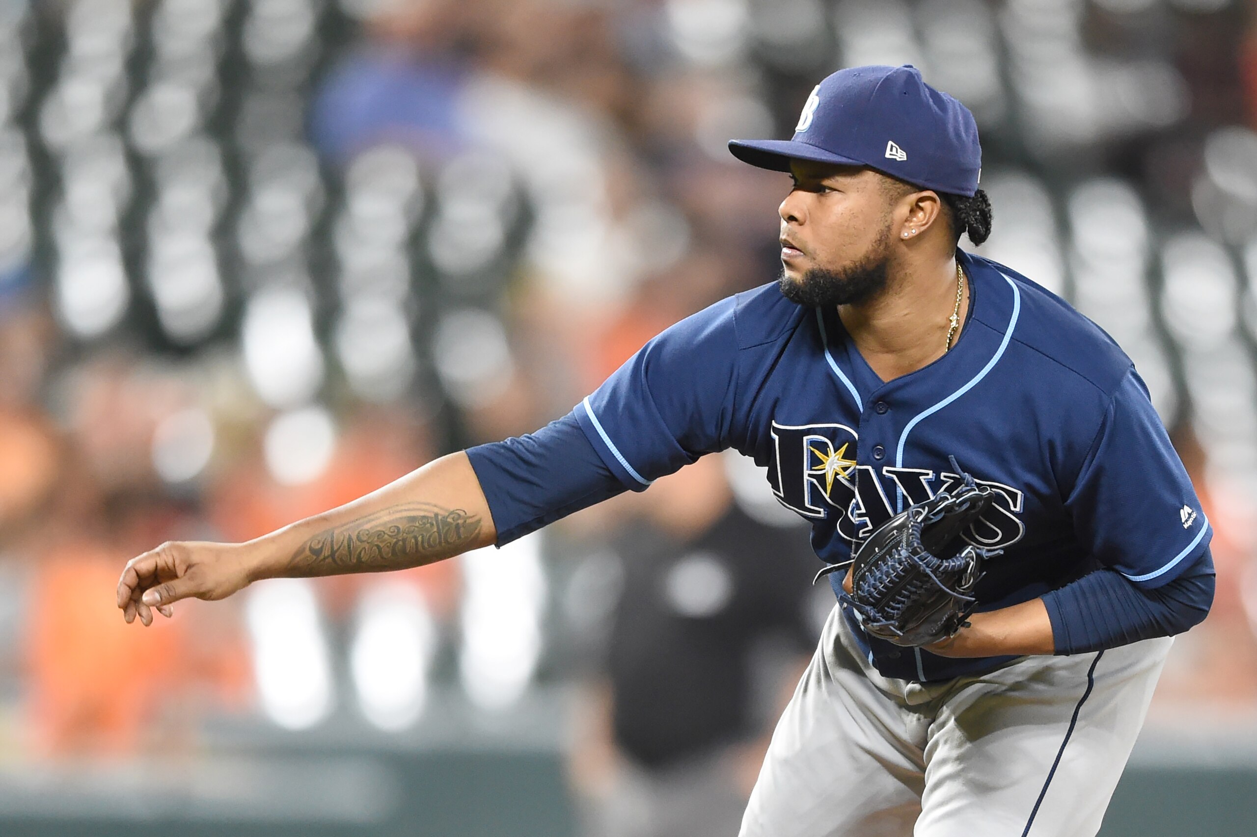 BALTIMORE, MD - SEPTEMBER 23:  Alex Colome #37 of the Tampa Bay Rays pitches during a baseball game against the Baltimore Orioles at Oriole Park at Camden Yards on September 23, 2017 in Baltimore, Maryland.  The Rays won 9-6.  (Photo by Mitchell Layton/Ge