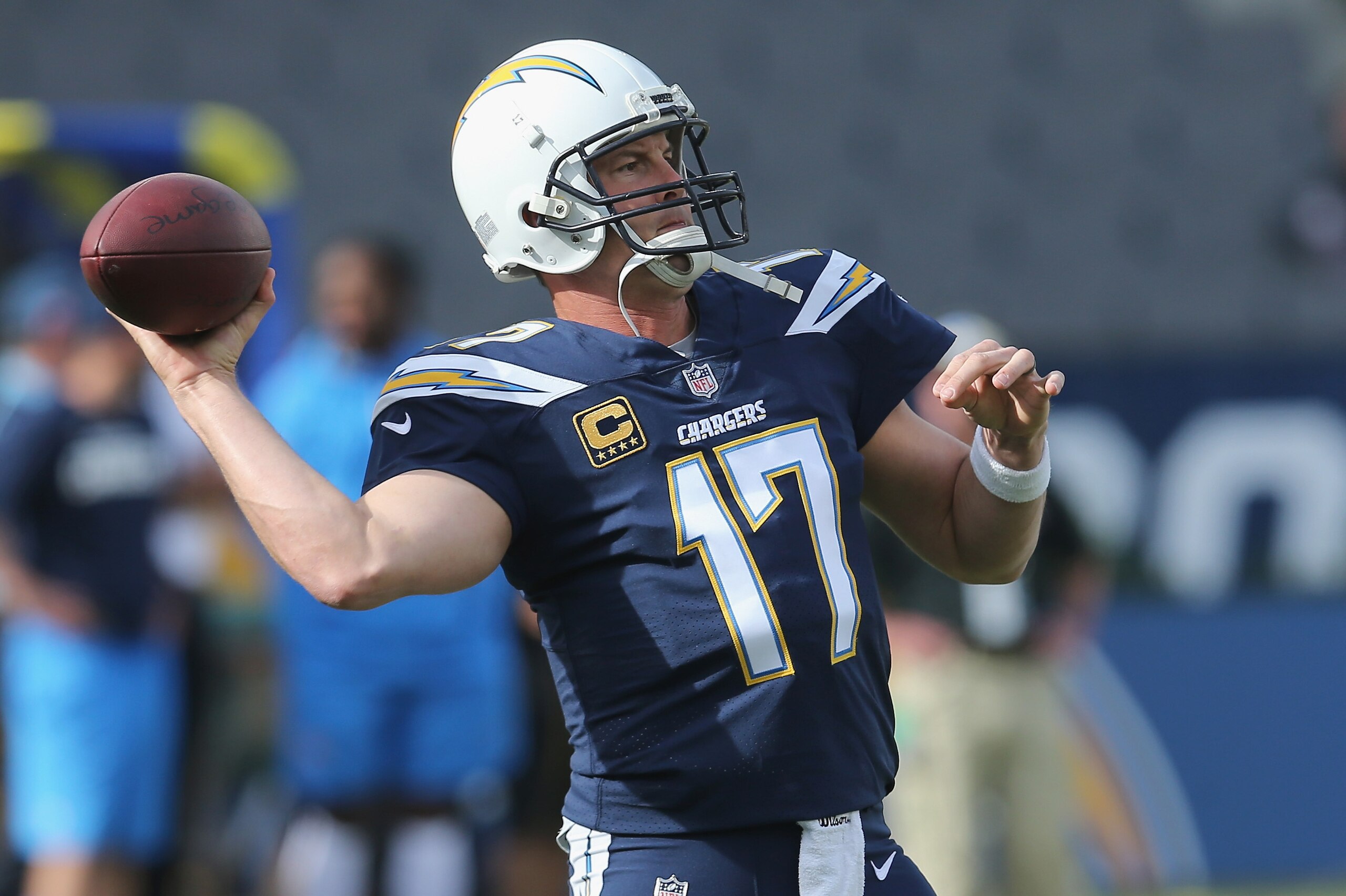 CARSON, CA - DECEMBER 10:  Quarterback Philip Rivers #17 of the Los Angeles Chargers throws a pass during warmups for the game against the Washington Redskins on December 10, 2017 at StubHub Center in Carson, California.  (Photo by Stephen Dunn/Getty Imag