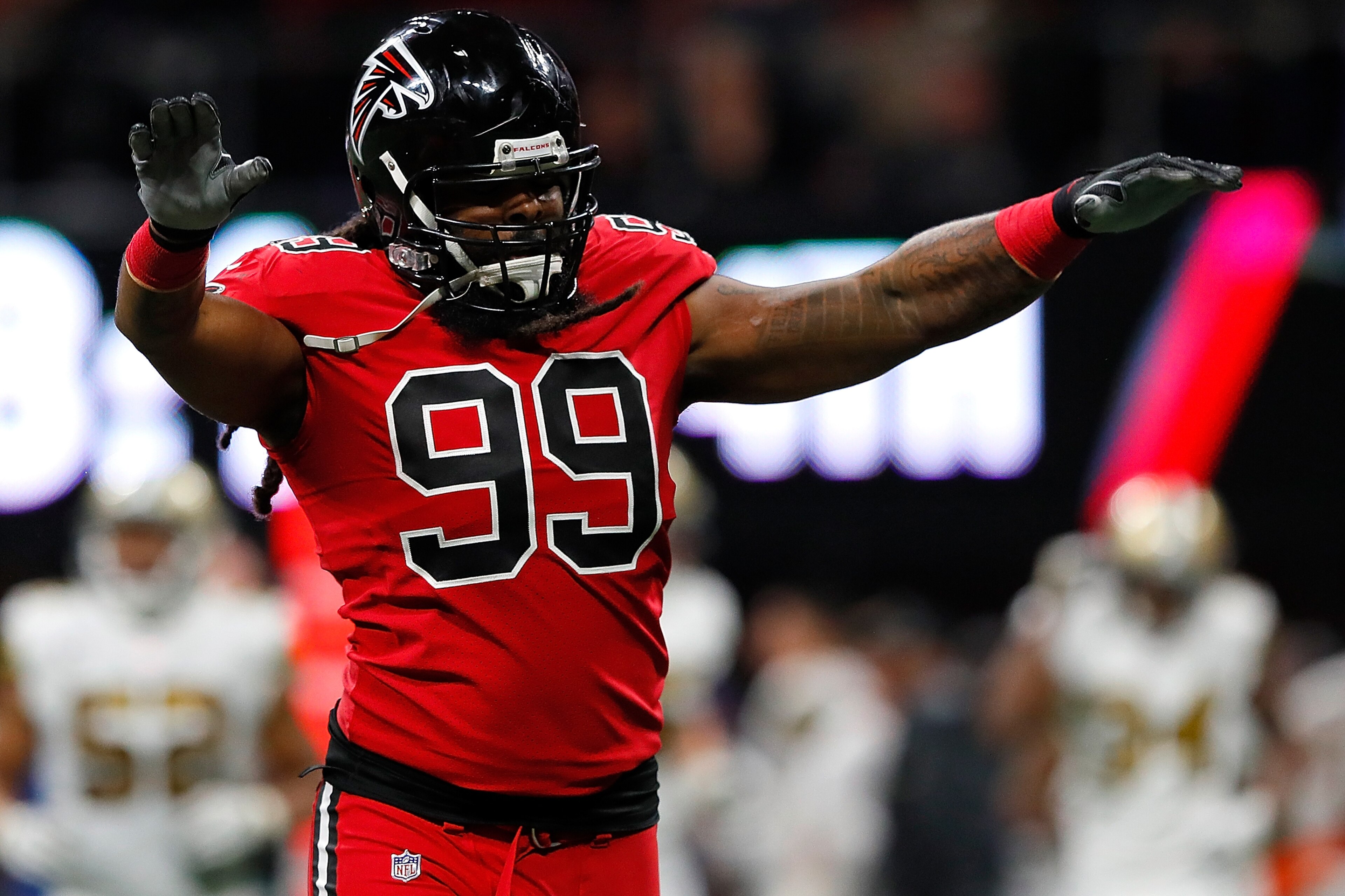 ATLANTA, GA - DECEMBER 07: Adrian Clayborn #99 of the Atlanta Falcons reacts after sacking Drew Brees #9 of the New Orleans Saints at Mercedes-Benz Stadium on December 7, 2017 in Atlanta, Georgia. (Photo by Kevin C. Cox/Getty Images) ATLANTA, GA - DECEMBER 07: Adrian Clayborn #99 of the Atlanta Falcons reacts after sacking Drew Brees #9 of the New Orleans Saints at Mercedes-Benz Stadium on December 7, 2017 in Atlanta, Georgia. (Photo by Kevin C. Cox/Getty Images)