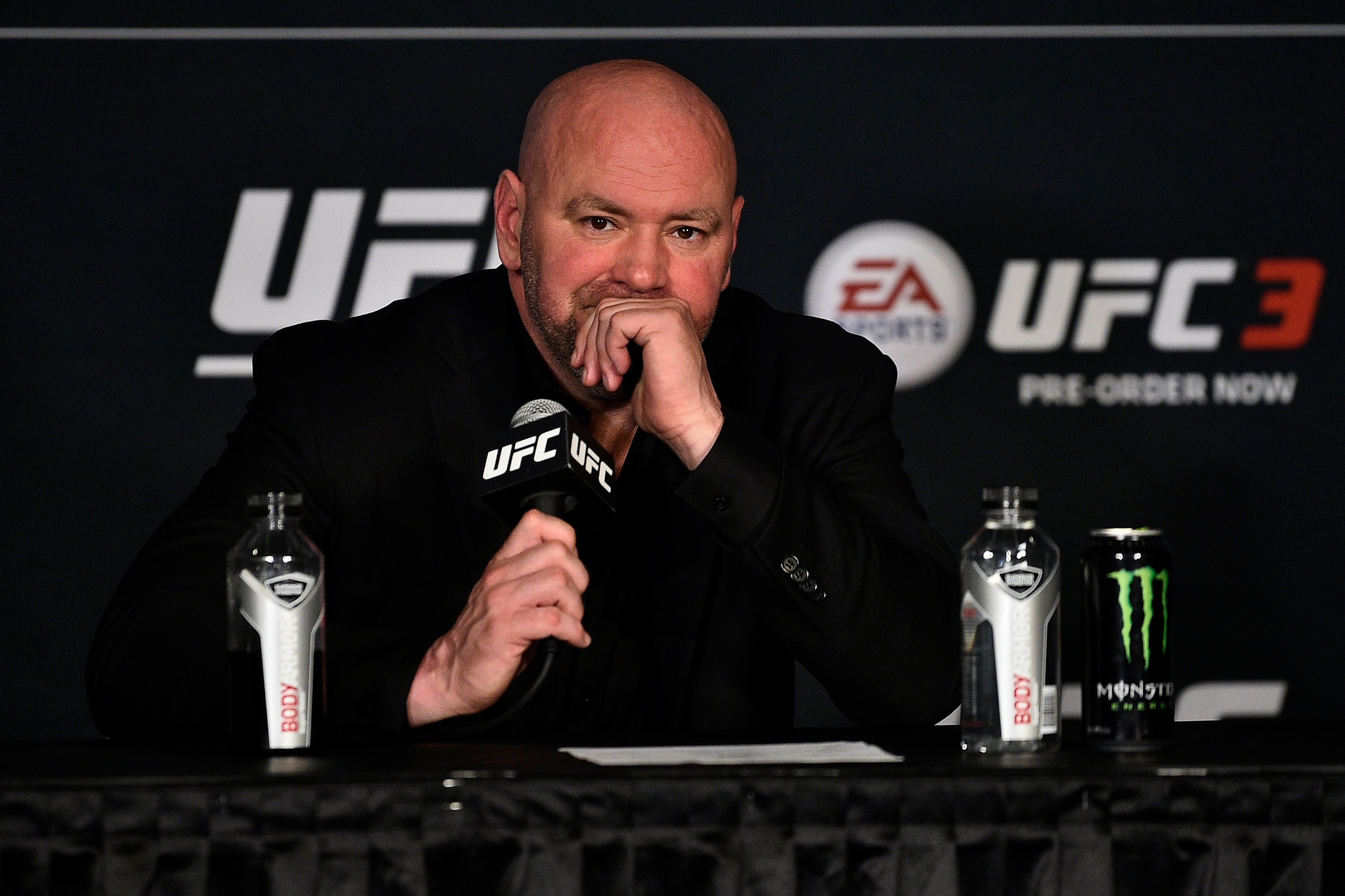 NEW YORK, NY - NOVEMBER 04: UFC President Dana White speaks to the media during the UFC 217 post fight press conference event inside Madison Square Garden on November 4, 2017 in New York City. (Photo by Jeff Bottari/Zuffa LLC/Zuffa LLC via Getty Images) NEW YORK, NY - NOVEMBER 04: UFC President Dana White speaks to the media during the UFC 217 post fight press conference event inside Madison Square Garden on November 4, 2017 in New York City. (Photo by Jeff Bottari/Zuffa LLC/Zuffa LLC via Getty Images)
