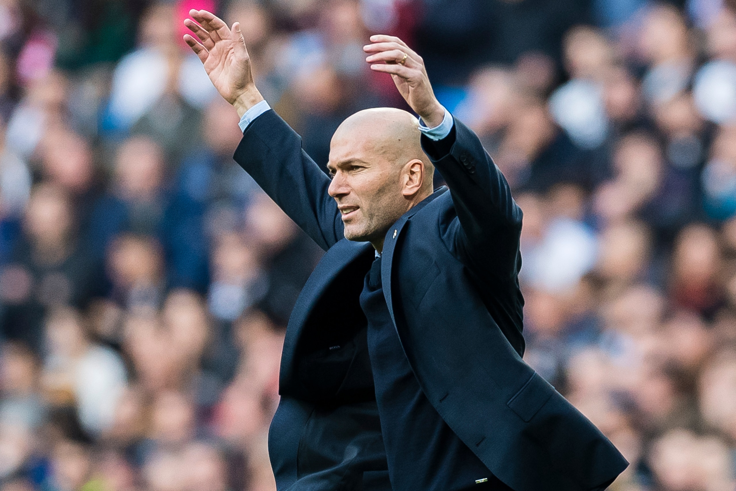 MADRID, SPAIN - DECEMBER 09: Manager Zinedine Zidane of Real Madrid reacts during the La Liga 2017-18 match between Real Madrid and Sevilla FC at Santiago Bernabeu Stadium on 09 December 2017 in Madrid, Spain. (Photo by Power Sport Images/Getty Images)
