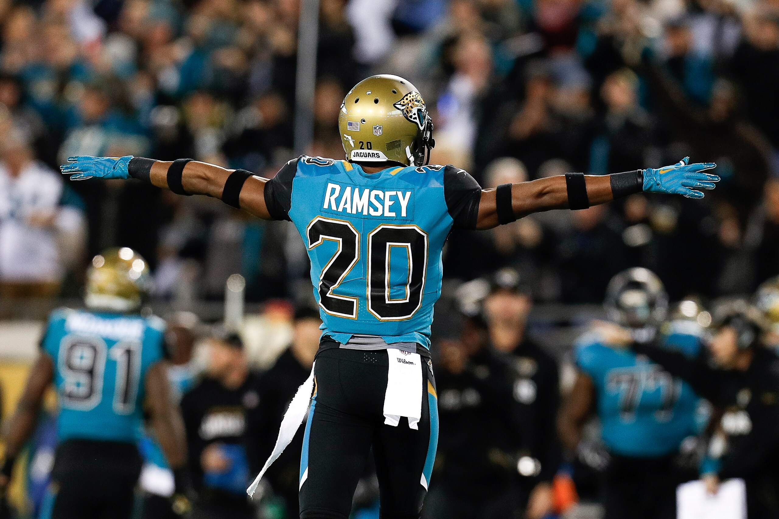 JACKSONVILLE, FL - DECEMBER 10: A general view of the back of Cornerback Jalen Ramsey #20 of the Jacksonville Jaguars celebrating a broken up play during the game against the Seattle Seahawks at EverBank Field on December 10, 2017 in Jacksonville, Florida