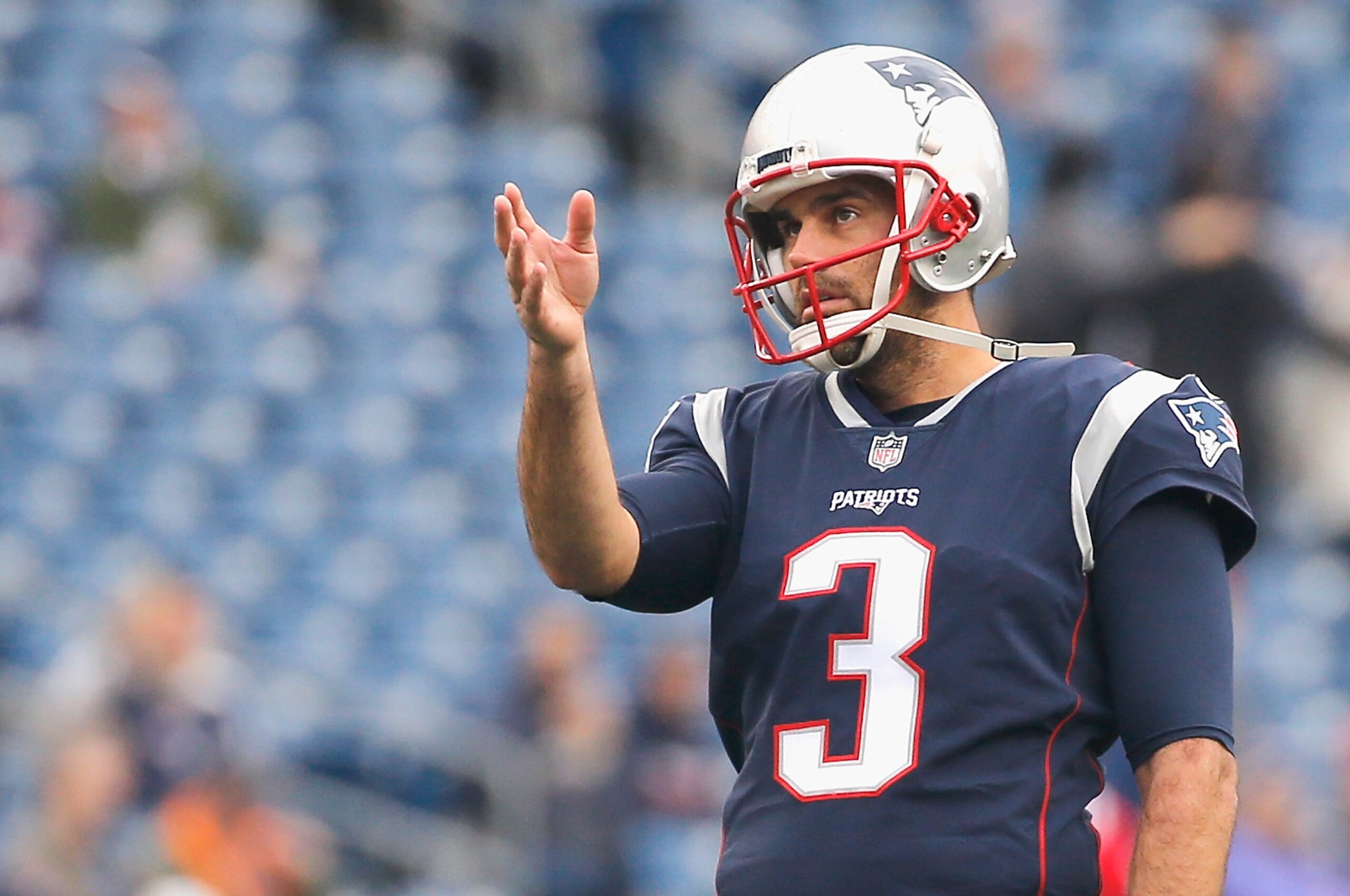FOXBORO, MA - OCTOBER 29:  Stephen Gostkowski #3 of the New England Patriots warms up before a game against the Los Angeles Chargers at Gillette Stadium on October 29, 2017 in Foxboro, Massachusetts.  (Photo by Jim Rogash/Getty Images)