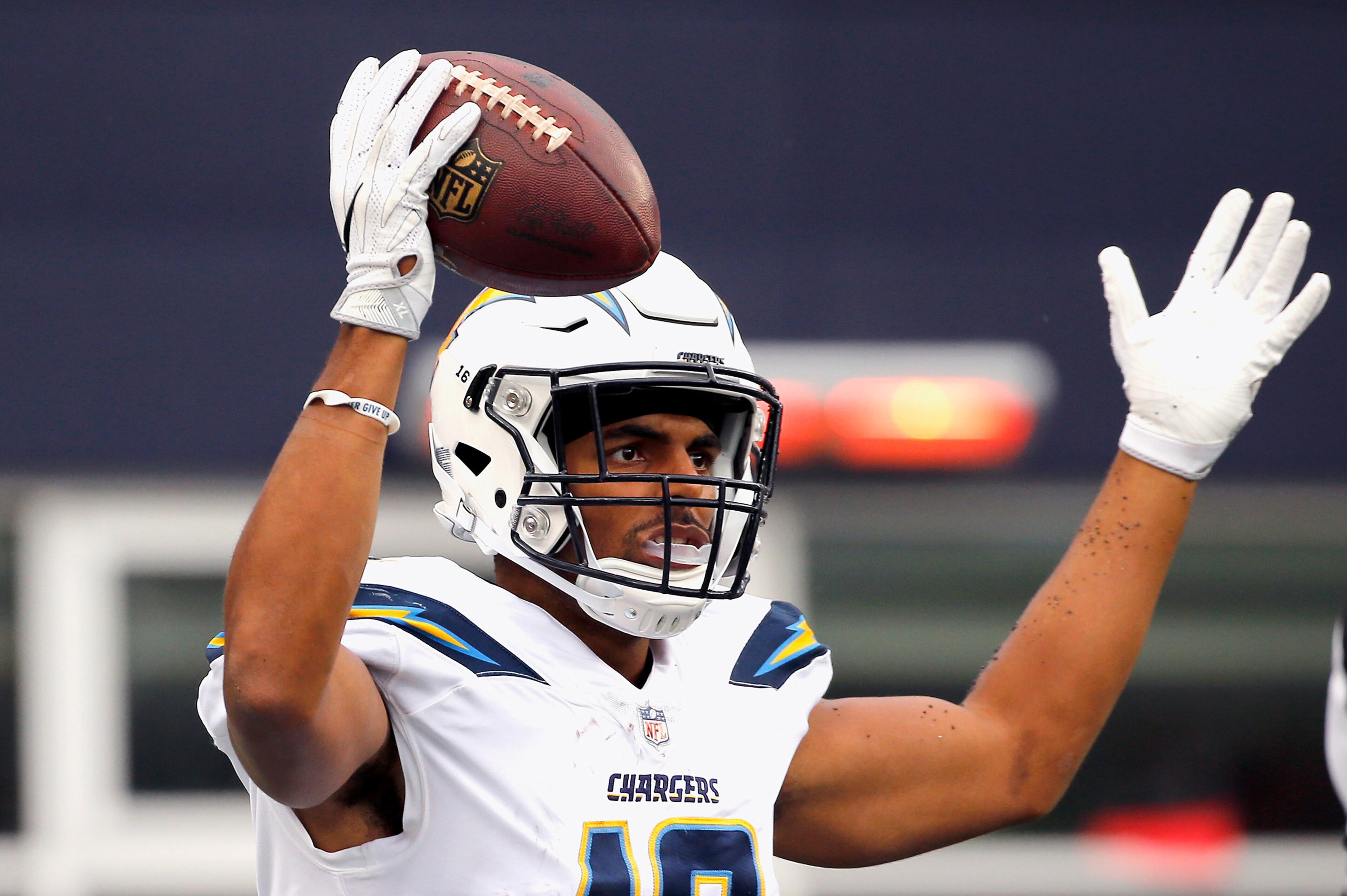 FOXBORO, MA - OCTOBER 29: Tyrell Williams #16 of the Los Angeles Chargers reacts after catching a pass during the third quarter of a game against the New England Patriots at Gillette Stadium on October 29, 2017 in Foxboro, Massachusetts. (Photo by Jim Rog