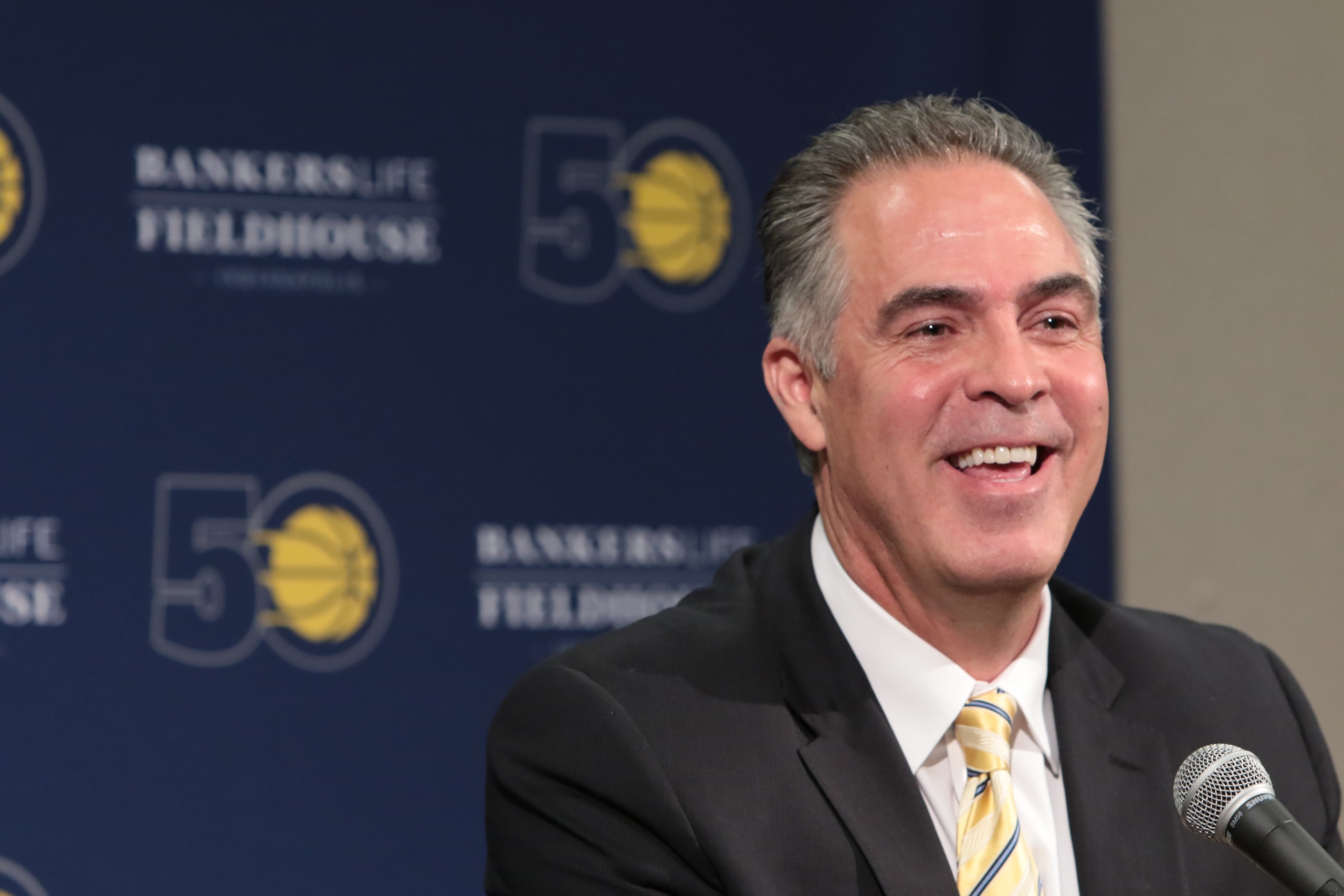 INDIANAPOLIS, IN - MAY 01:  Kevin Pritchard speaks during a press conference where the Indiana Pacers introduce him as the new President of Basketball Operations at Bankers Life Fieldhouse on May 1, 2017 in Indianapolis, Indiana. NOTE TO USER: User expres