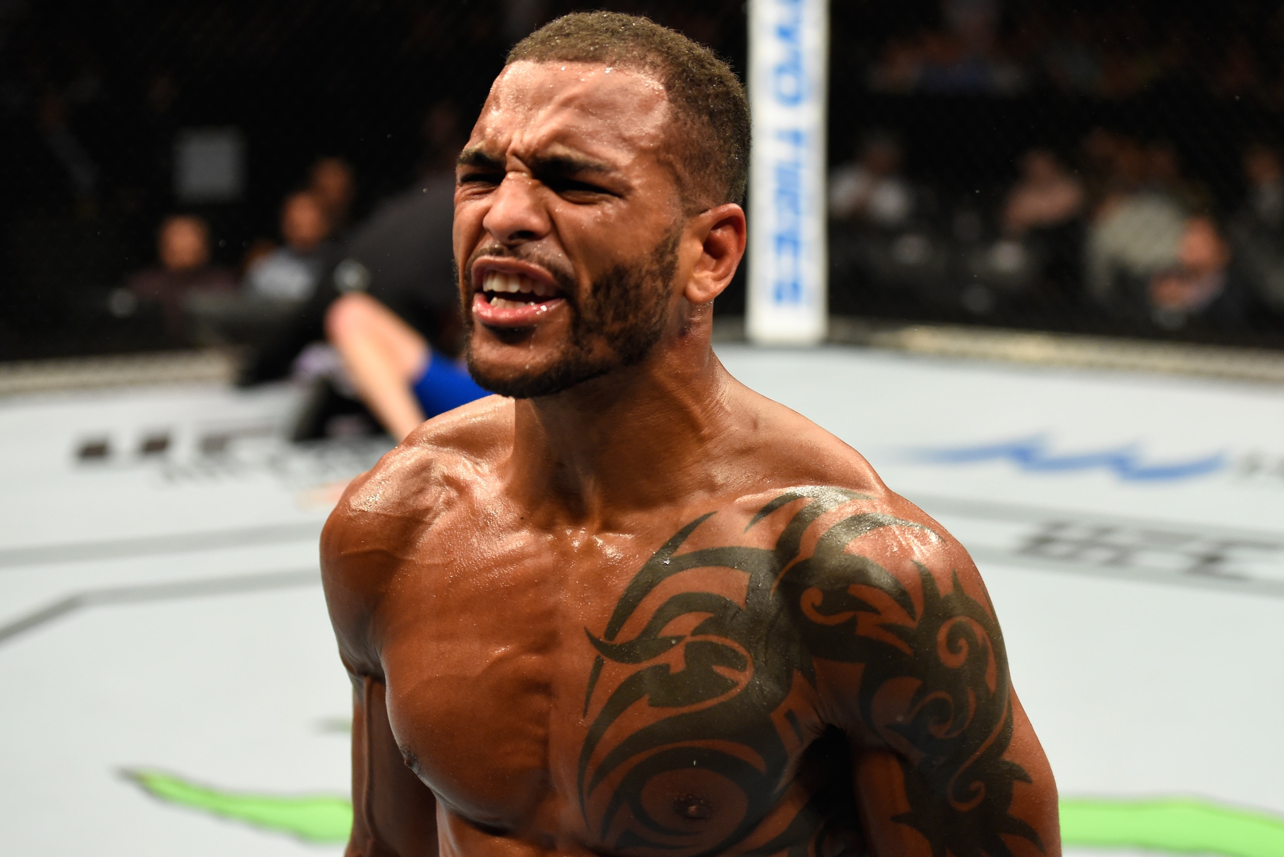 GLASGOW, SCOTLAND - JULY 16:  (R-L) Danny Roberts of England celebrates his victory over Bobby Nash in their welterweight bout during the UFC Fight Night event at the SSE Hydro Arena Glasgow on July 16, 2017 in Glasgow, Scotland. (Photo by Josh Hedges/Zuf