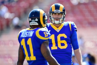 LOS ANGELES, CA - OCTOBER 08:  Jared Goff #16 of the Los Angeles Rams and  Tavon Austin #11 warm up before the game against the Seattle Seahawks at Los Angeles Memorial Coliseum on October 8, 2017 in Los Angeles, California.  (Photo by Harry How/Getty Ima