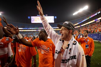 CHARLOTTE, NC - DECEMBER 02:  Head coach Dabo Swinney of the Clemson Tigers celebrates after defeating the Miami Hurricanes 38-3 in the ACC Football Championship at Bank of America Stadium on December 2, 2017 in Charlotte, North Carolina.  (Photo by Stree