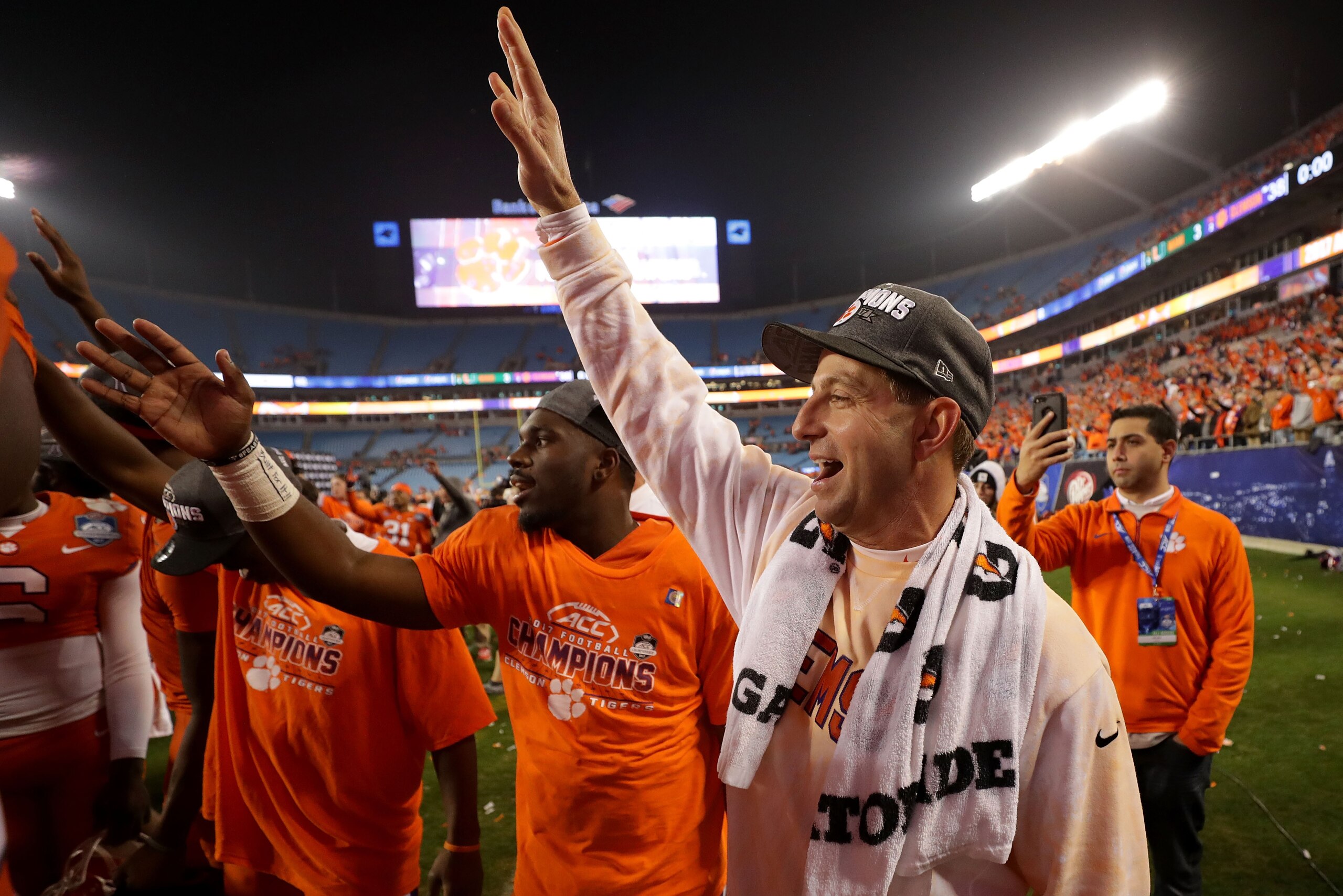 CHARLOTTE, NC - DECEMBER 02:  Head coach Dabo Swinney of the Clemson Tigers celebrates after defeating the Miami Hurricanes 38-3 in the ACC Football Championship at Bank of America Stadium on December 2, 2017 in Charlotte, North Carolina.  (Photo by Stree