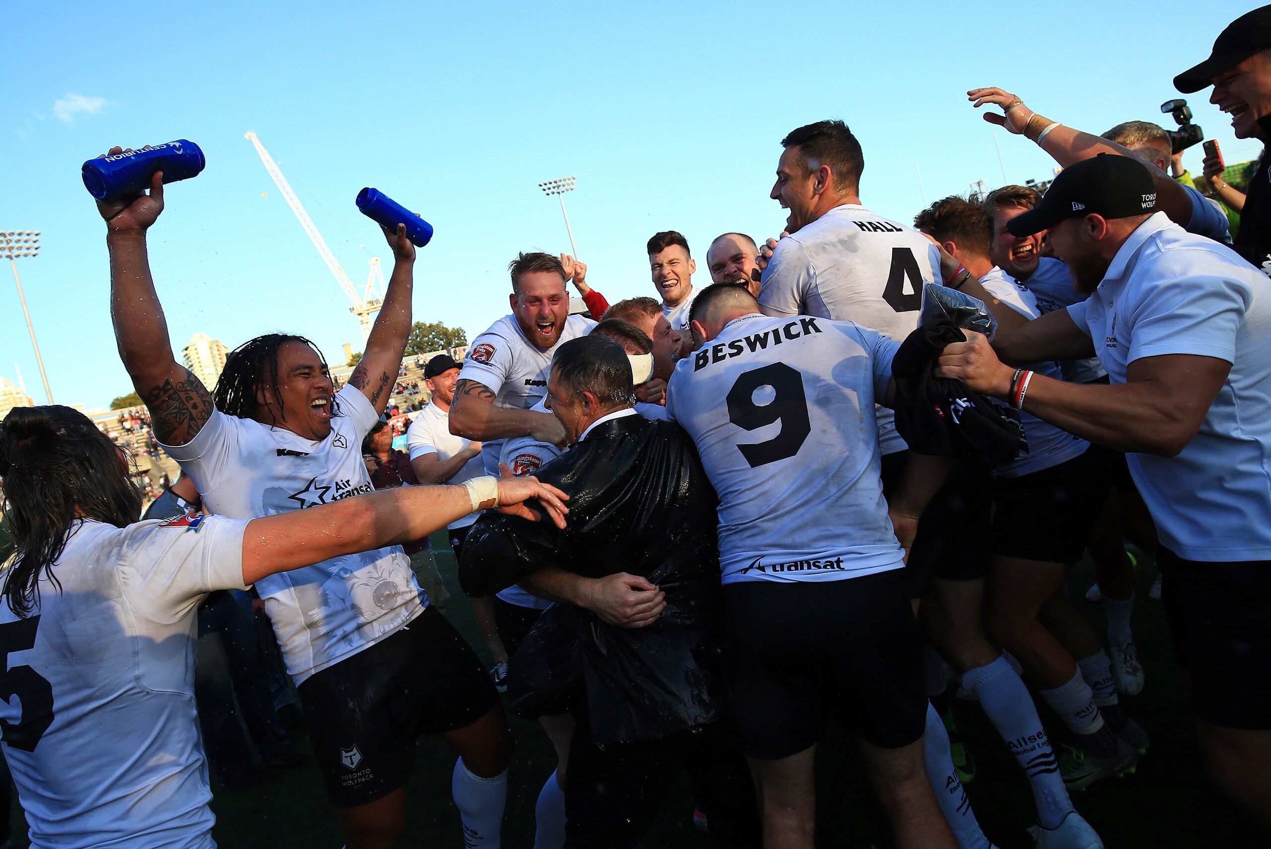 TORONTO, ON - SEPTEMBER 09: Fuifui Moimoi #8 of Toronto Wolfpack douses Head Coach Paul Rowley in water as teammates celebrate victory over Barrow Raiders in a Kingstone Press League 1 Super 8s match at Lamport Stadium on September 9, 2017 in Toronto, Ca TORONTO, ON - SEPTEMBER 09: Fuifui Moimoi #8 of Toronto Wolfpack douses Head Coach Paul Rowley in water as teammates celebrate victory over Barrow Raiders in a Kingstone Press League 1 Super 8s match at Lamport Stadium on September 9, 2017 in Toronto, Ca