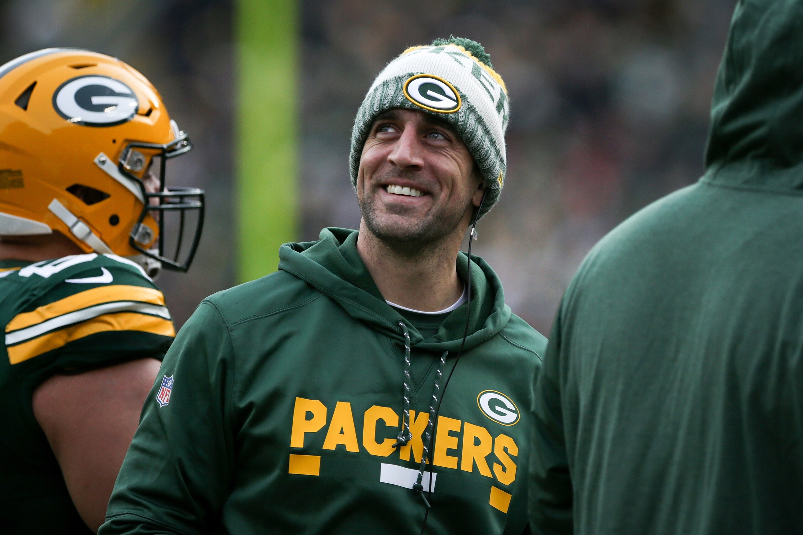 GREEN BAY, WI - DECEMBER 03:  Aaron Rodgers #12 of the Green Bay Packers looks on in the second quarter against the Tampa Bay Buccaneers at Lambeau Field on December 3, 2017 in Green Bay, Wisconsin. (Photo by Dylan Buell/Getty Images)