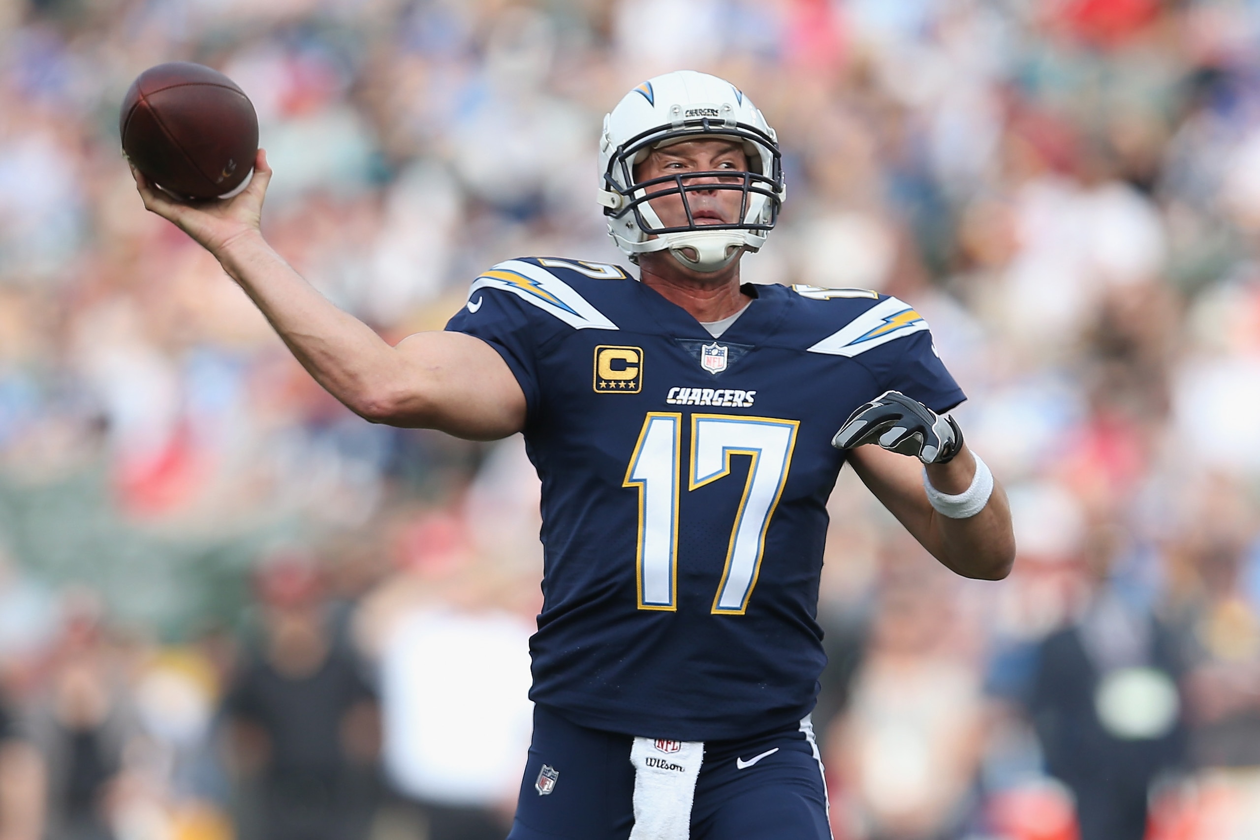 CARSON, CA - DECEMBER 10:  Quarterback Philip Rivers #17 of the Los Angeles Chargers throws an eight yard touchdown pass in the first quarter against the Washington Redskins on December 10, 2017 at StubHub Center in Carson, California.  (Photo by Stephen 