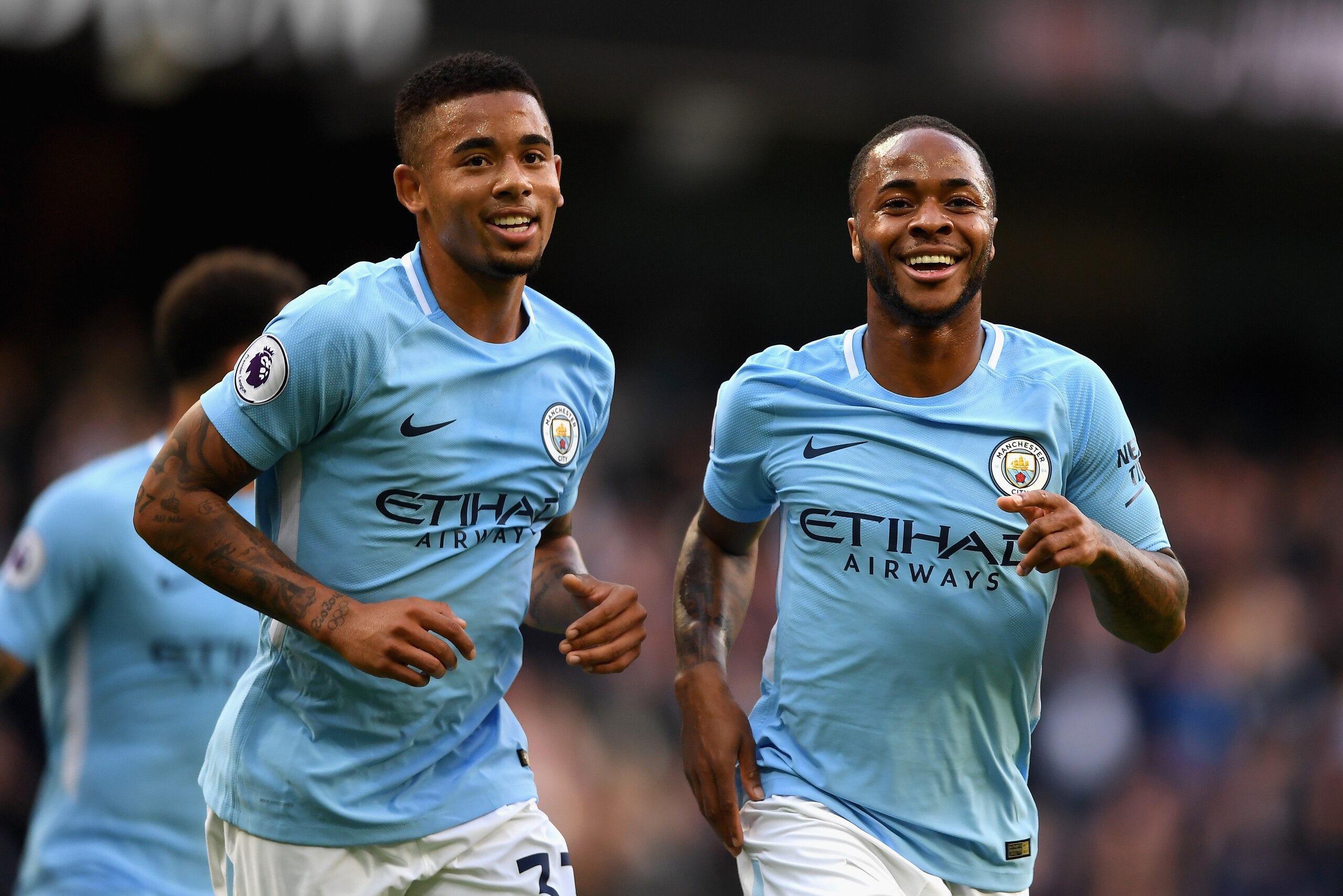 MANCHESTER, ENGLAND - OCTOBER 14: Raheem Sterling of Manchester City celebrates scoring his sides second goal with Gabriel Jesus of Manchester City during the Premier League match between Manchester City and Stoke City at Etihad Stadium on October 14, 20 MANCHESTER, ENGLAND - OCTOBER 14: Raheem Sterling of Manchester City celebrates scoring his sides second goal with Gabriel Jesus of Manchester City during the Premier League match between Manchester City and Stoke City at Etihad Stadium on October 14, 20