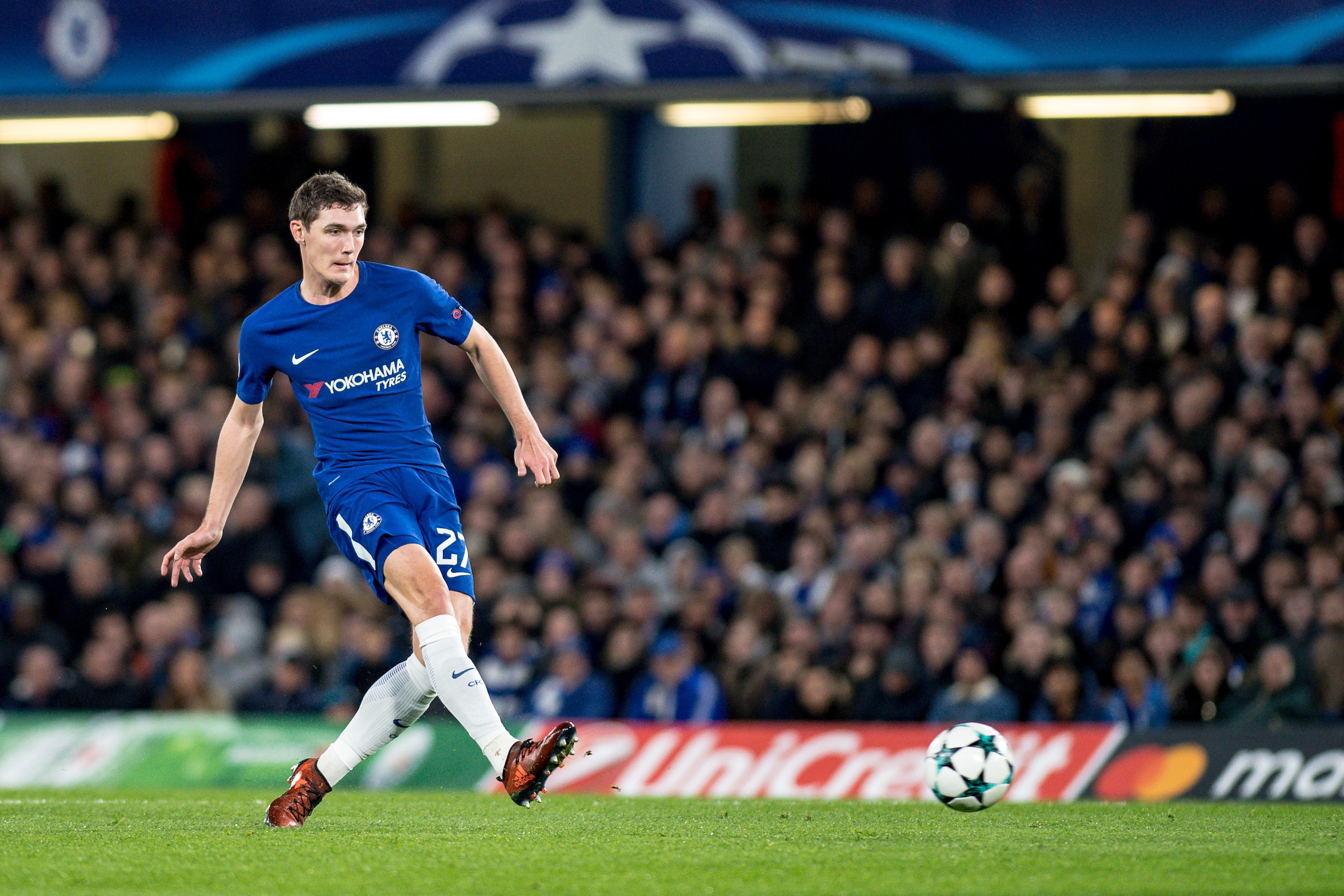 LONDON,ENGLAND - DECEMBER 05: Chelsea (27) Andreas Christensen during the UEFA Champions League group C match between Chelsea FC and Atletico Madrid at Stamford Bridge on December 5, 2017 in London, United Kingdom.  'n( Photo by Sebastian Frej / MB Media 