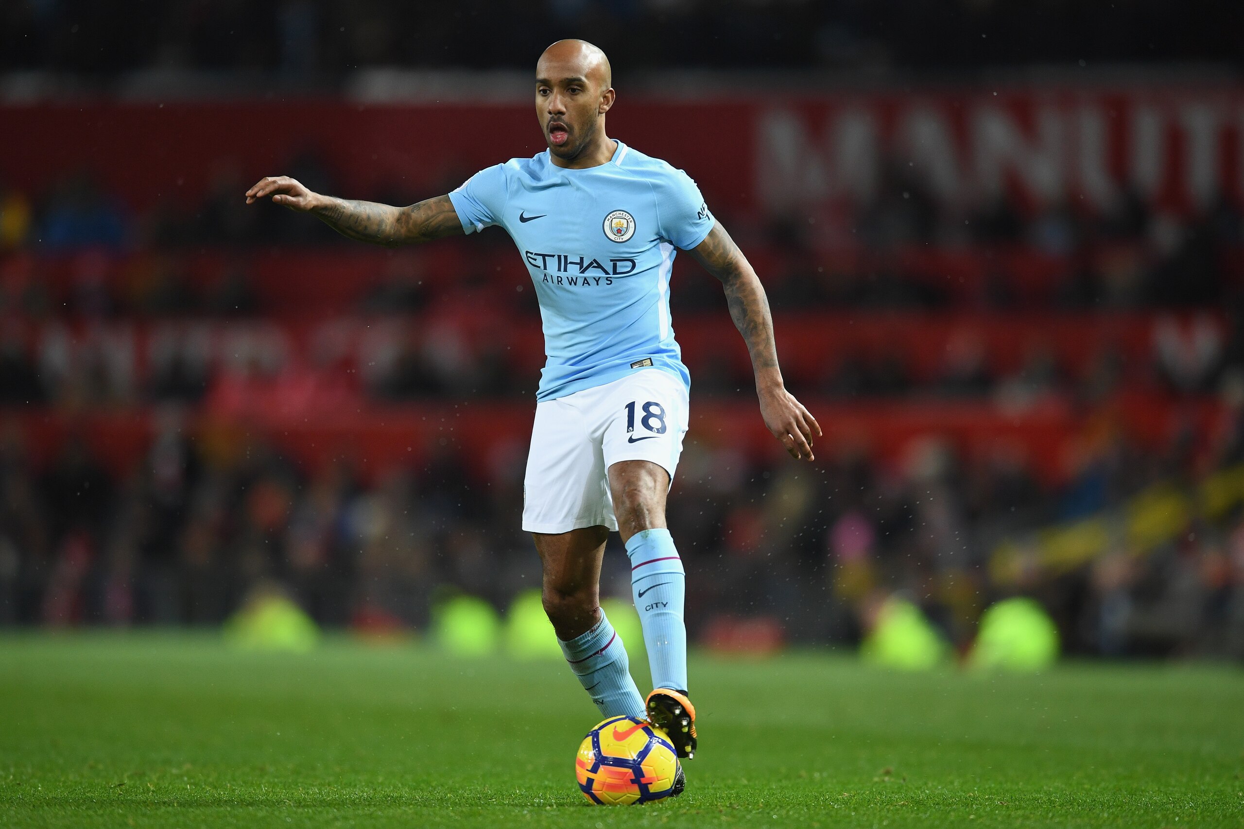 MANCHESTER, ENGLAND - DECEMBER 10:  Fabian Delph of Manchester City in action during the Premier League match between Manchester United and Manchester City at Old Trafford on December 10, 2017 in Manchester, England.  (Photo by Michael Regan/Getty Images)