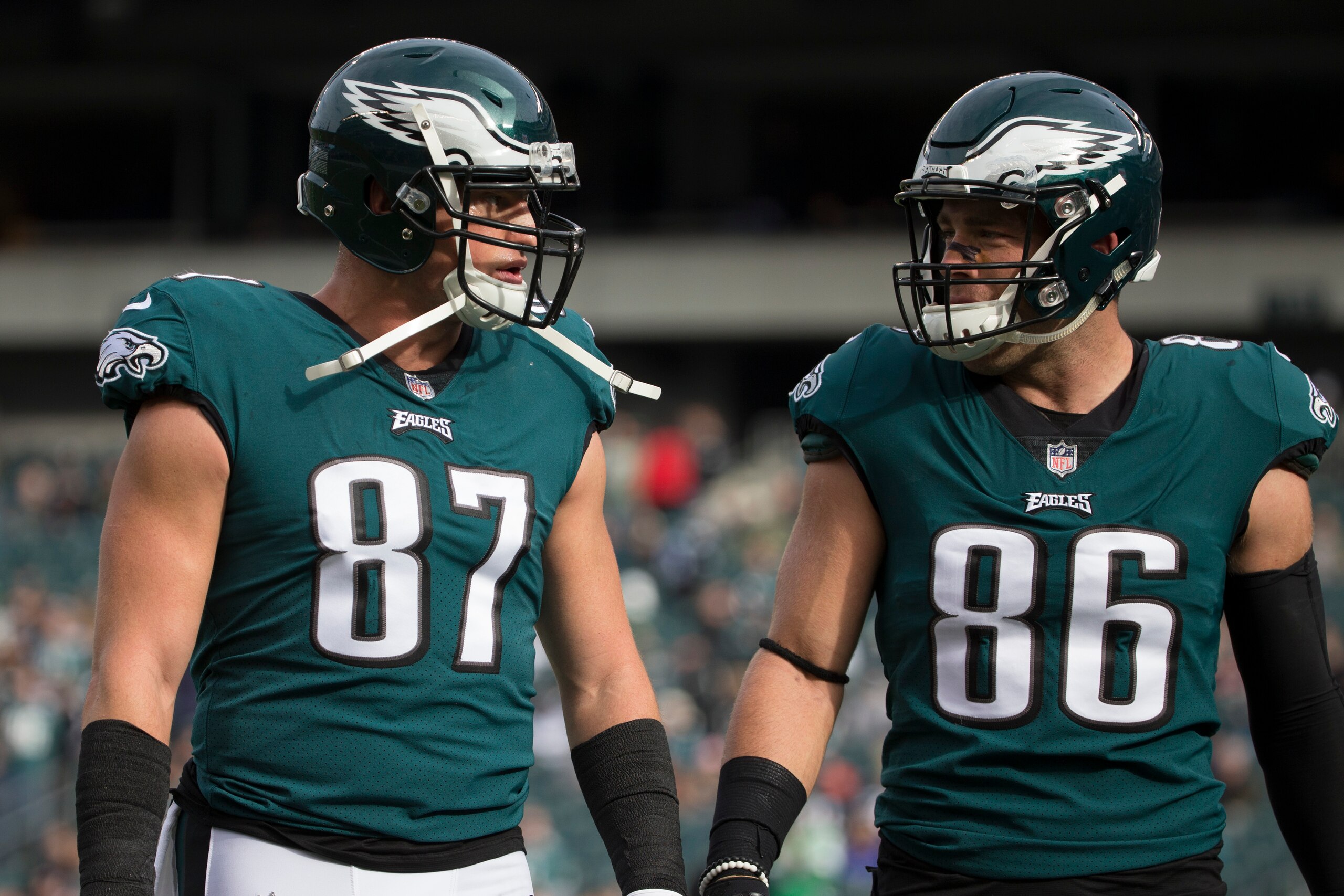 PHILADELPHIA, PA - NOVEMBER 26: Brent Celek #87 and Zach Ertz #86 of the Philadelphia Eagles walk off the field prior to the game against the Chicago Bears at Lincoln Financial Field on November 26, 2017 in Philadelphia, Pennsylvania. (Photo by Mitchell L PHILADELPHIA, PA - NOVEMBER 26: Brent Celek #87 and Zach Ertz #86 of the Philadelphia Eagles walk off the field prior to the game against the Chicago Bears at Lincoln Financial Field on November 26, 2017 in Philadelphia, Pennsylvania. (Photo by Mitchell L