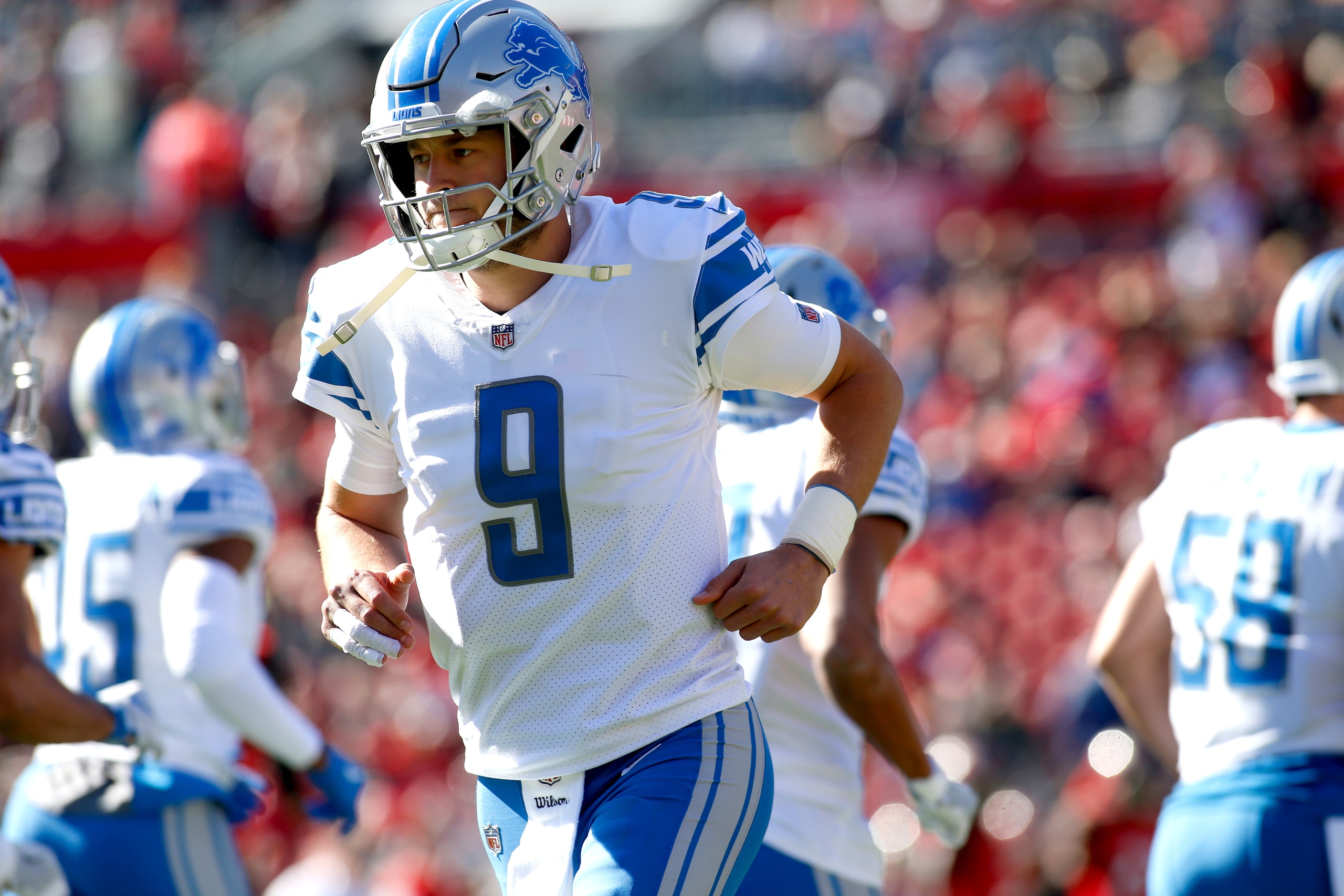 TAMPA, FL - DECEMBER 10: Quarterback Matthew Stafford #9 of the Detroit Lions makes his way off the field during the first quarter of an NFL football game against the Tampa Bay Buccaneers on December 10, 2017 at Raymond James Stadium in Tampa, Florida. ( TAMPA, FL - DECEMBER 10: Quarterback Matthew Stafford #9 of the Detroit Lions makes his way off the field during the first quarter of an NFL football game against the Tampa Bay Buccaneers on December 10, 2017 at Raymond James Stadium in Tampa, Florida. (