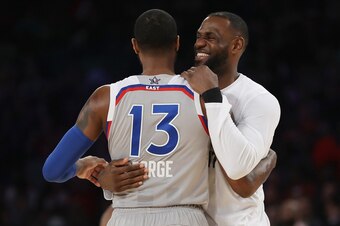 NEW ORLEANS, LA - FEBRUARY 19:  Paul George #13 of the Indiana Pacers hugs LeBron James #23 of the Cleveland Cavaliers during the 2017 NBA All-Star Game at Smoothie King Center on February 19, 2017 in New Orleans, Louisiana. NOTE TO USER: User expressly a