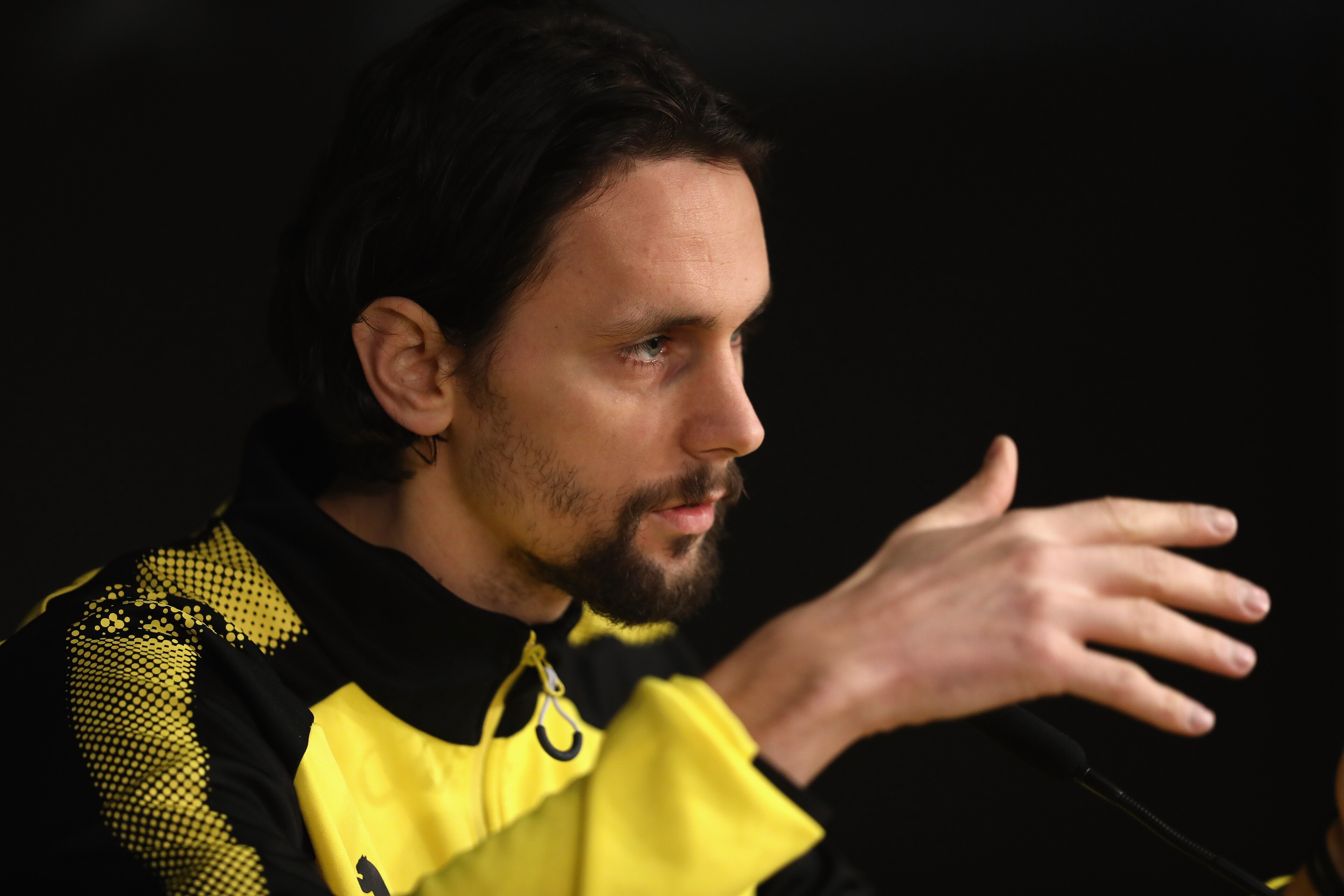MADRID, SPAIN - DECEMBER 05:  Neven Subotic of Borussia Dortmund speaks to the media during a press conference at Estadio Santiago Bernabeu on December 5, 2017 in Madrid, Spain.  (Photo by Gonzalo Arroyo Moreno/Getty Images)
