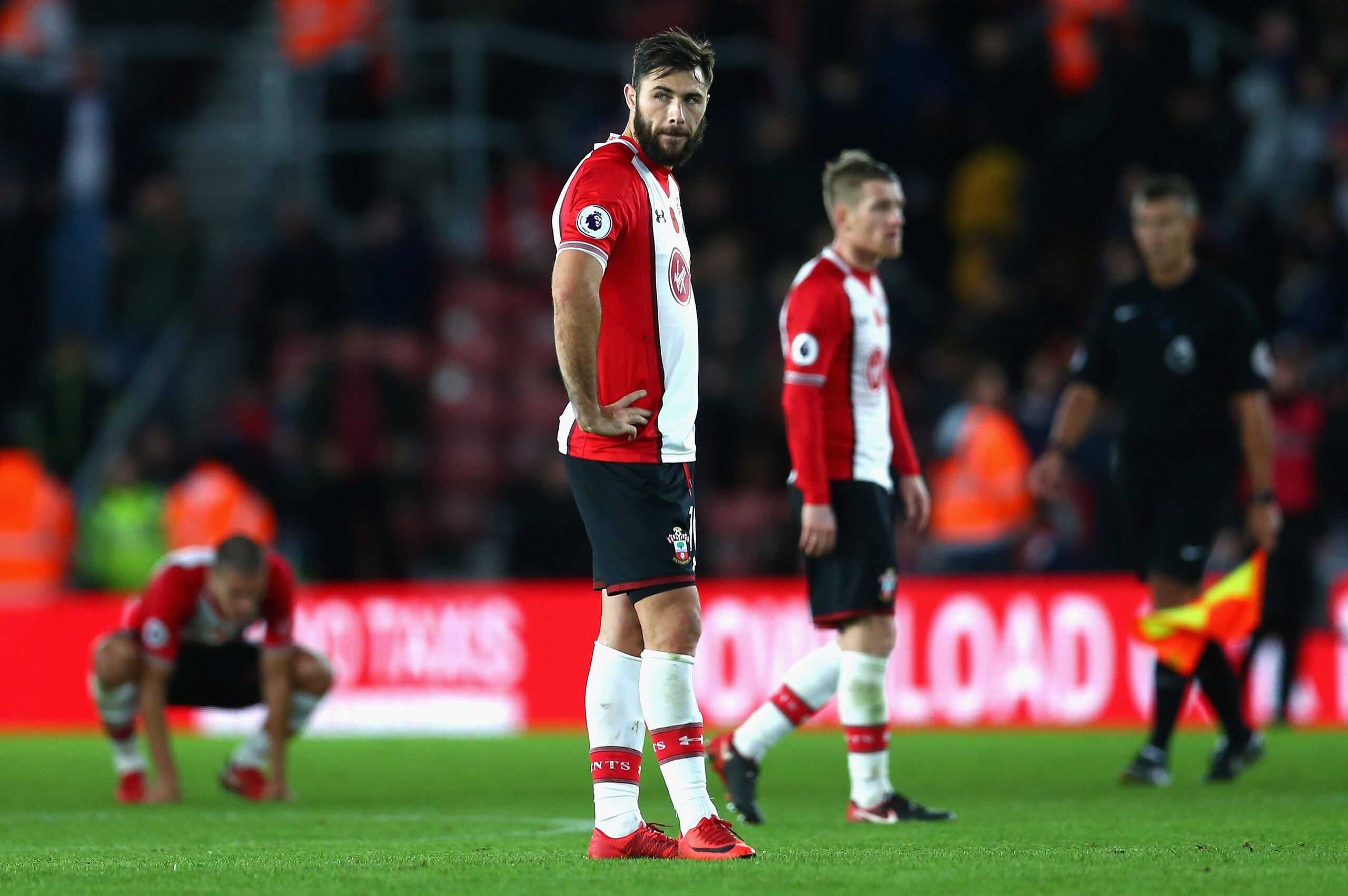 SOUTHAMPTON, ENGLAND - NOVEMBER 04:  Charlie Austin of Southampton looks dejected following the Premier League match between Southampton and Burnley at St Mary's Stadium on November 4, 2017 in Southampton, England.  (Photo by Steve Bardens/Getty Images)