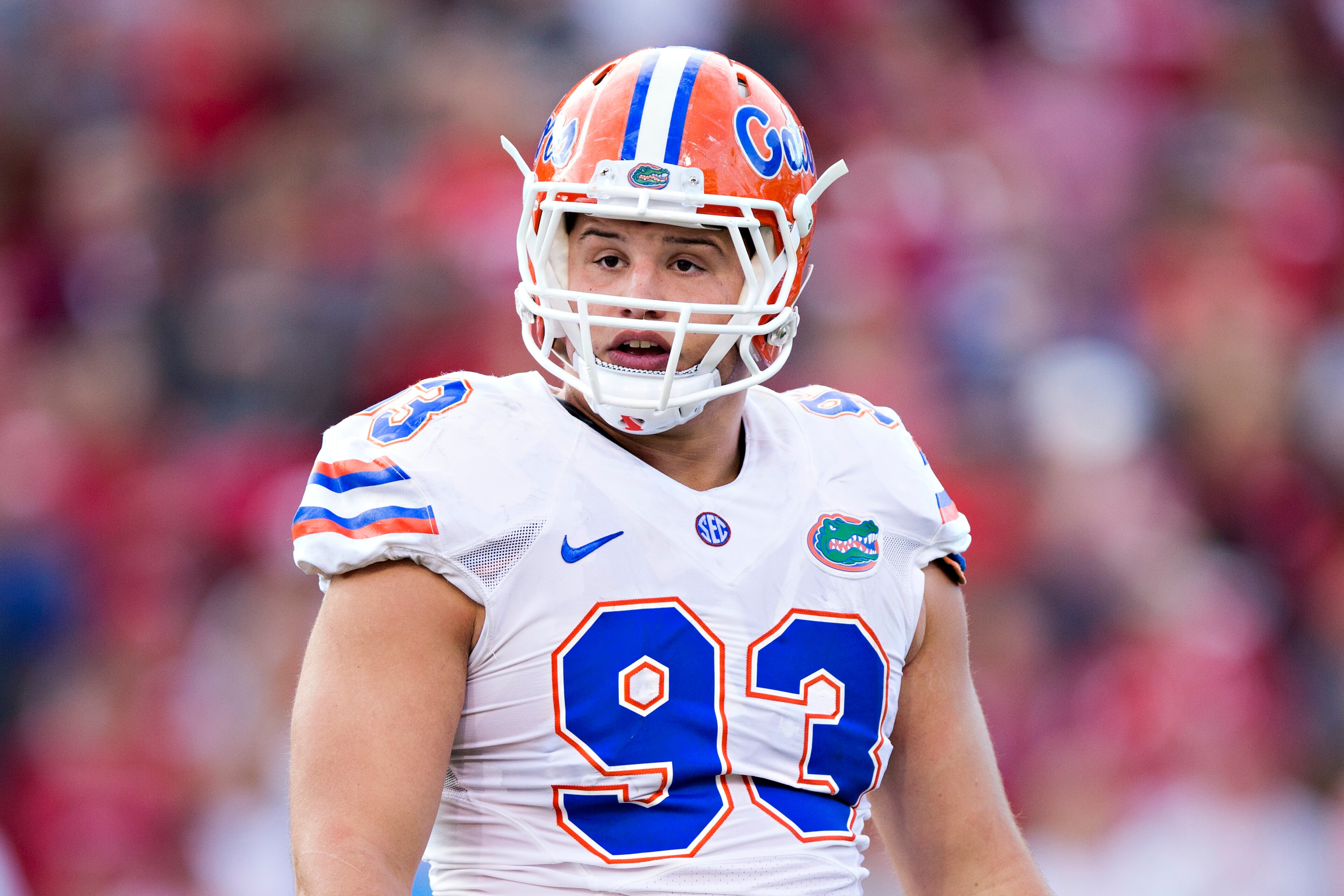 FAYETTEVILLE, AR - NOVEMBER 5:  Taven Bryan #93 of the Florida Gators looks to the sidelines during a game against the Arkansas Razorbacks at Razorback Stadium on November 5, 2016 in Fayetteville, Arkansas.  The Razorbacks defeated the Gators 31-10.  (Pho