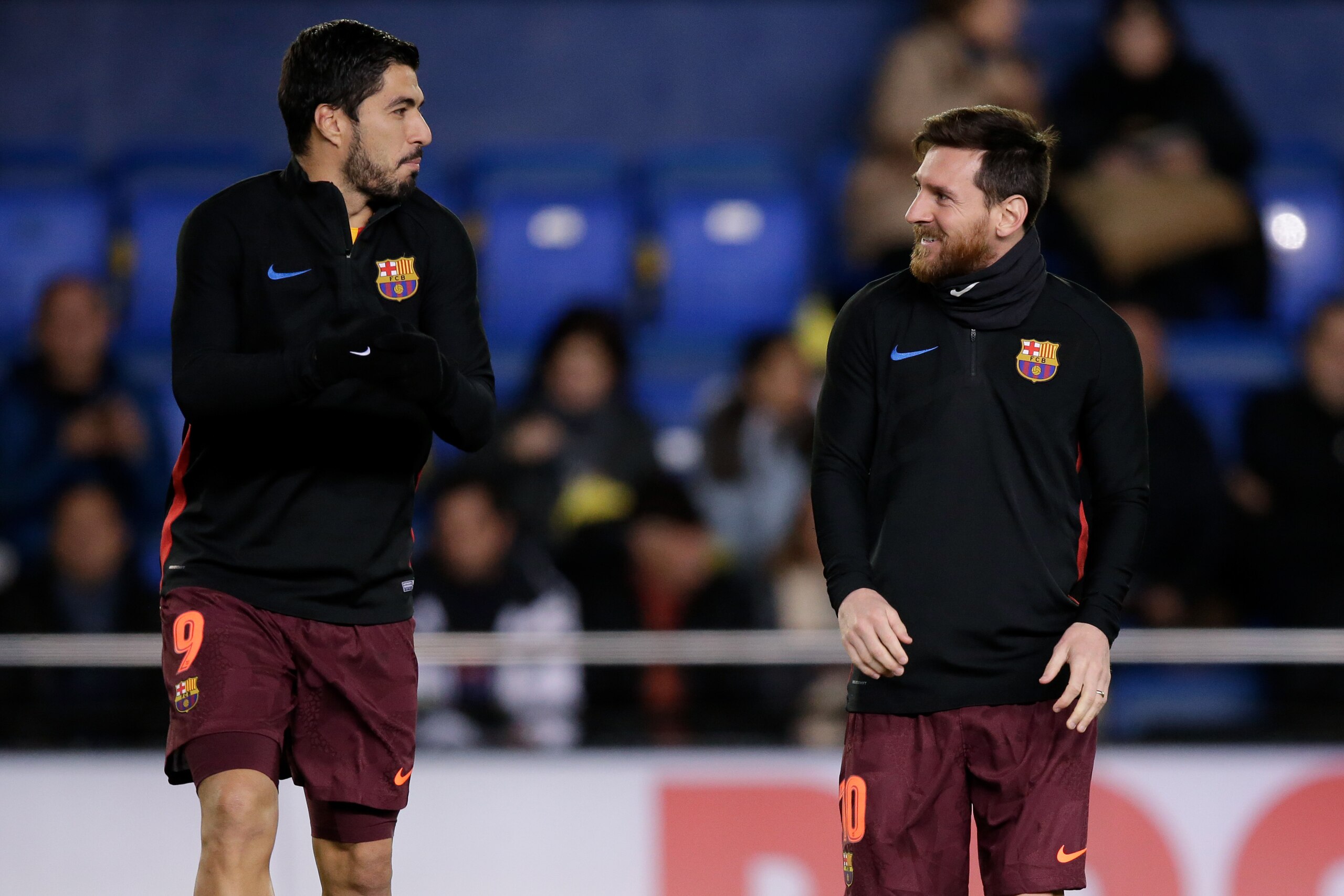 CASTELLON, SPAIN - DECEMBER 10: (L-R) Luis Suarez of FC Barcelona, Lionel Messi of FC Barcelona during the Spanish Primera Division   match between Villarreal v FC Barcelona at the Estadio de la Ceramica on December 10, 2017 in Castellon Spain (Photo by J